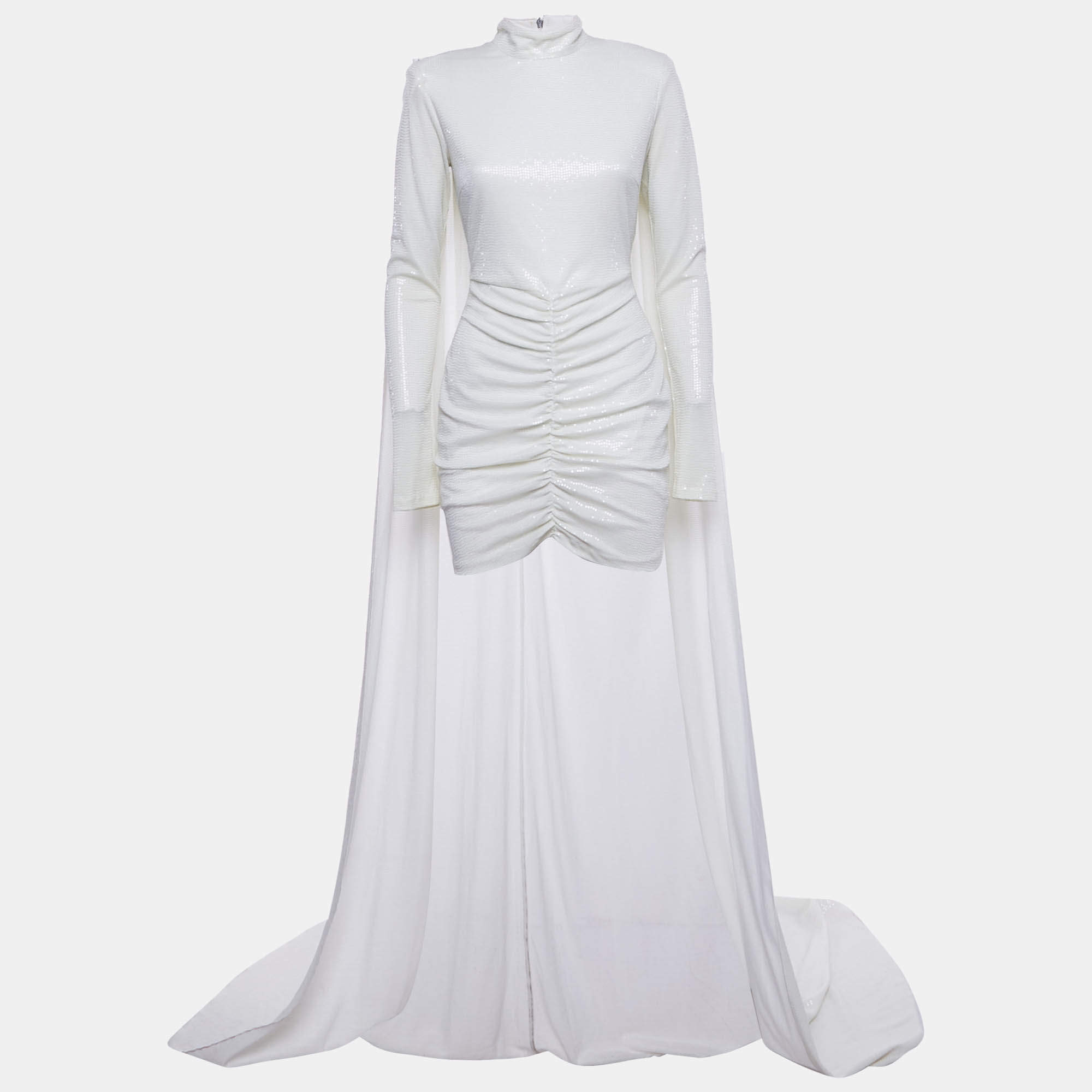 Pre Owned ROTATE White Sequin Lurex Jersey Detachable Cape Mini Dress M
