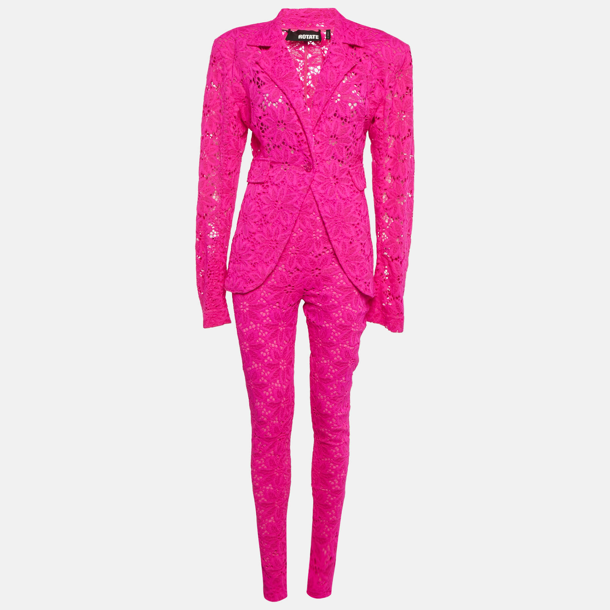 Pre Owned ROTATE BIRGER CHRISTENSEN Neon Pink Embroidered Lace Amalies Pants Suit Set S