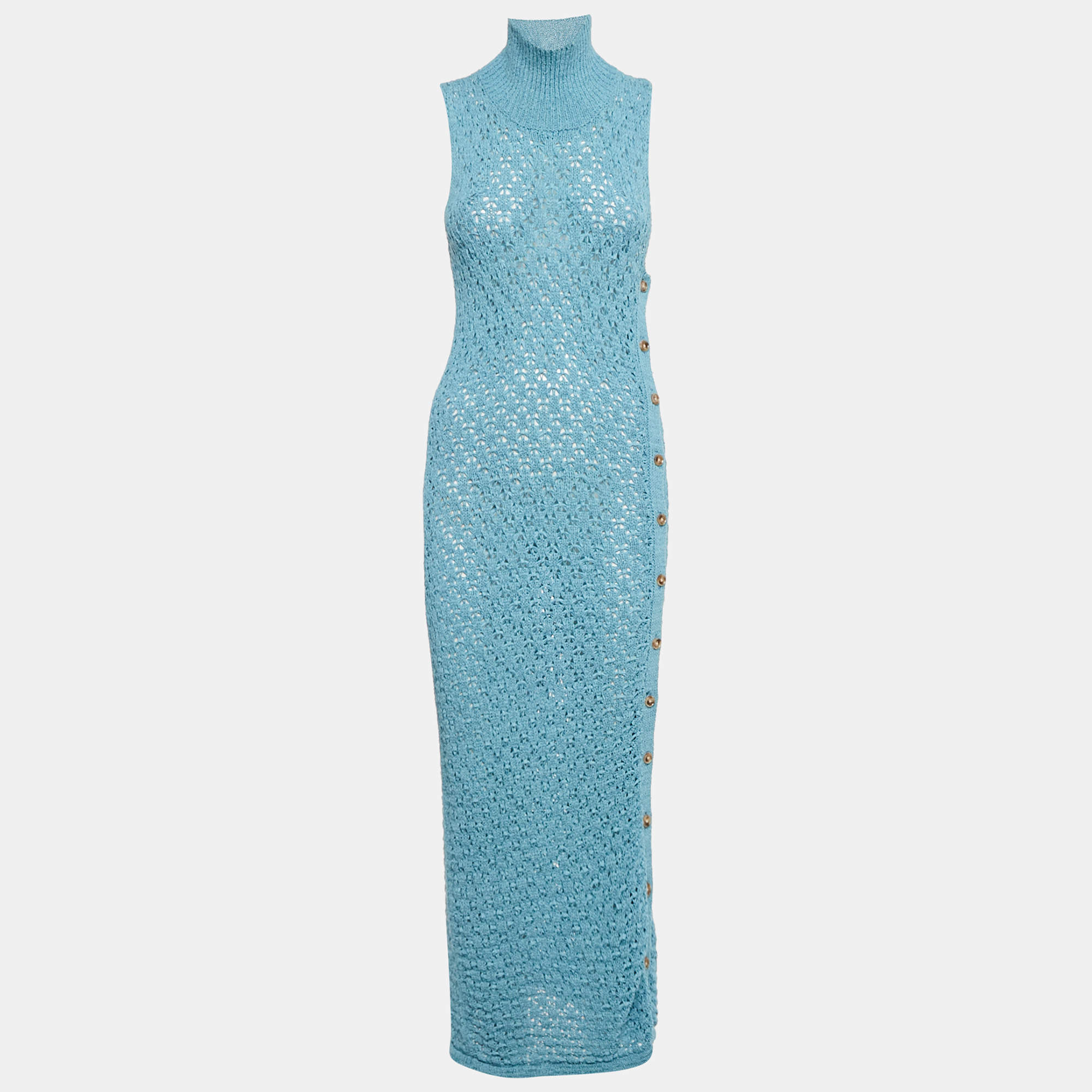 Pre Owned Rotate Birger Christensen Blue Patterned Knit High Neck Tessa Midi Dress M