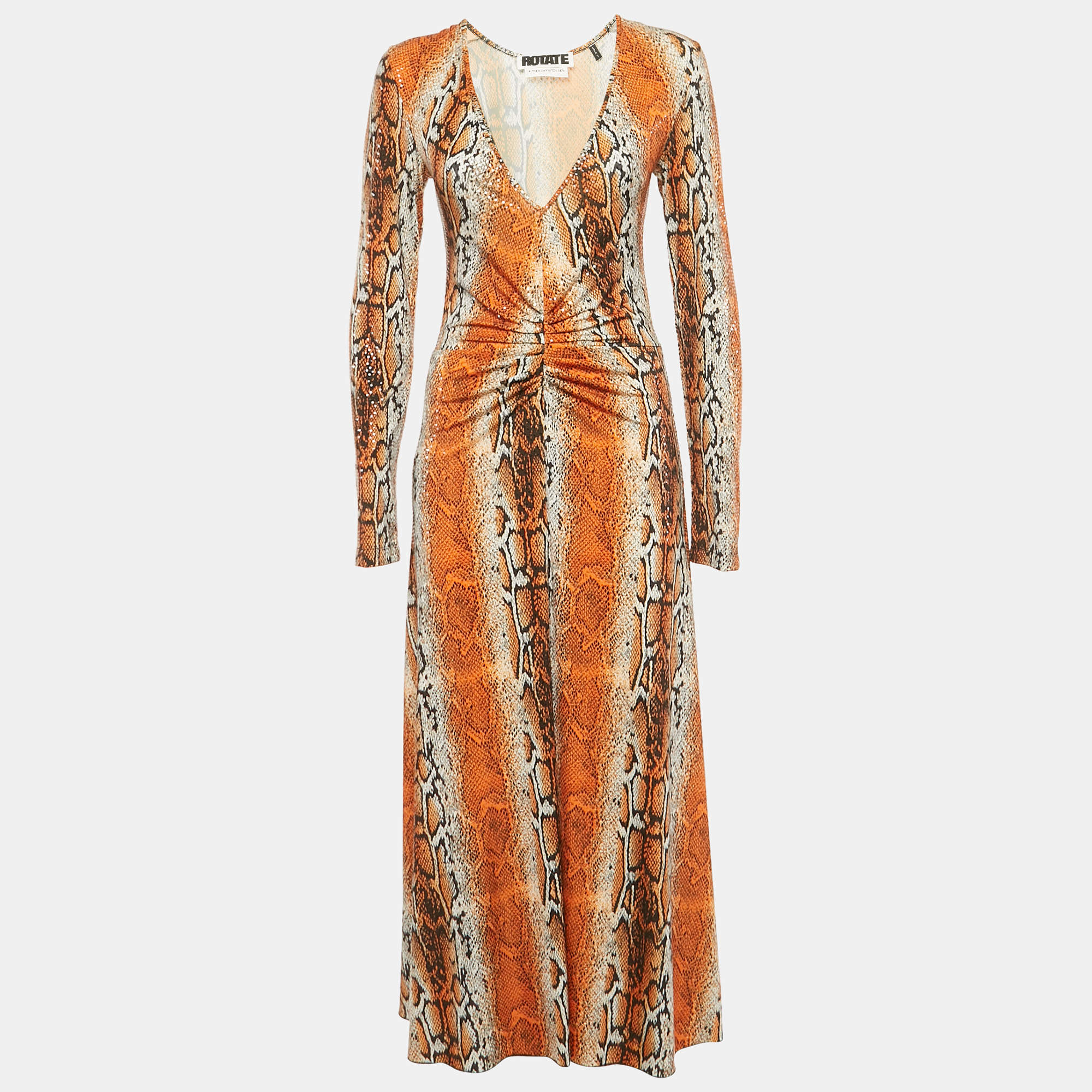 Pre Owned Rotate Birger Christensen Orange Python Print Sequin Jersey Maxi Dress S