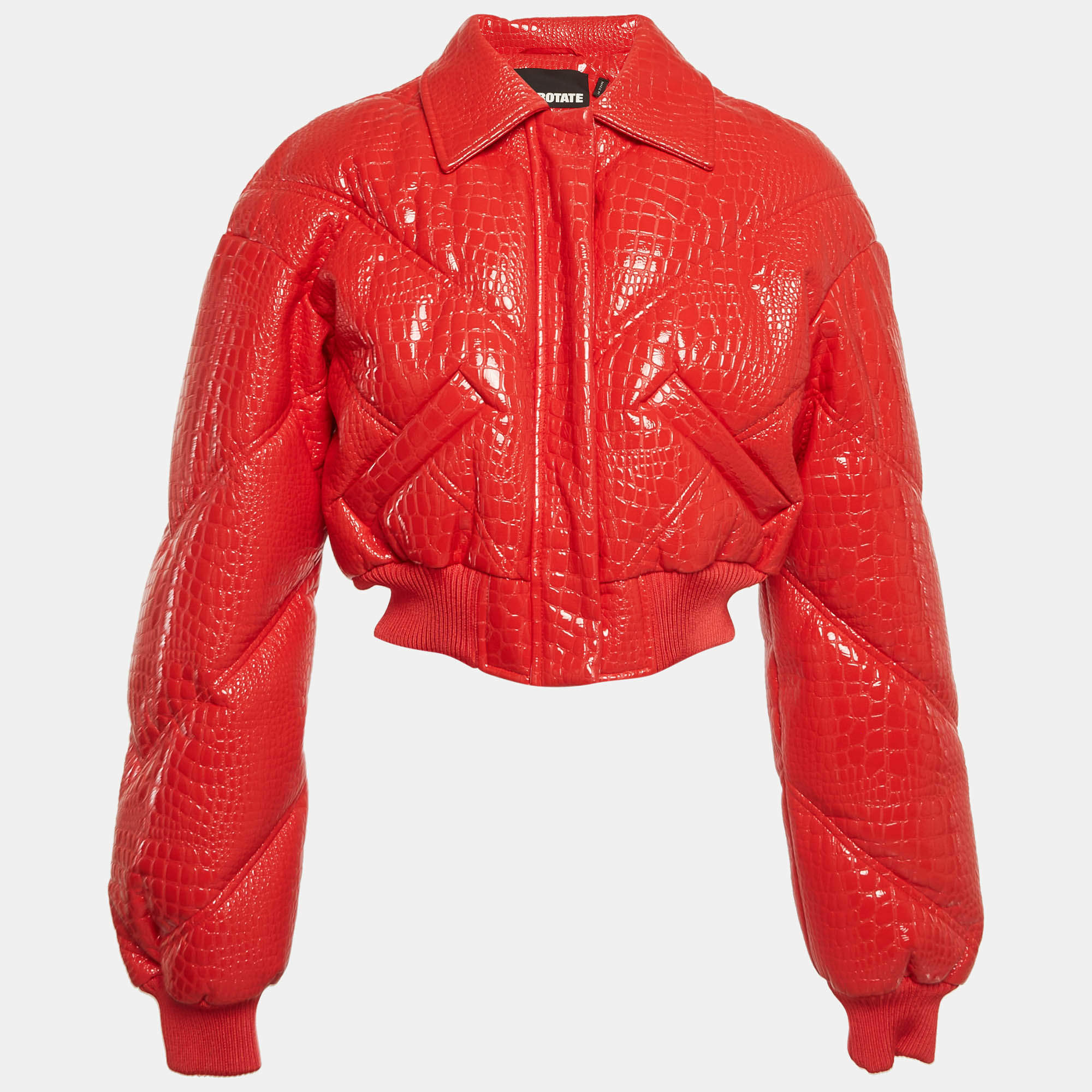 Pre Owned ROTATE Red Croc Embossed Oversized Faux Leather Bomber Jacket S