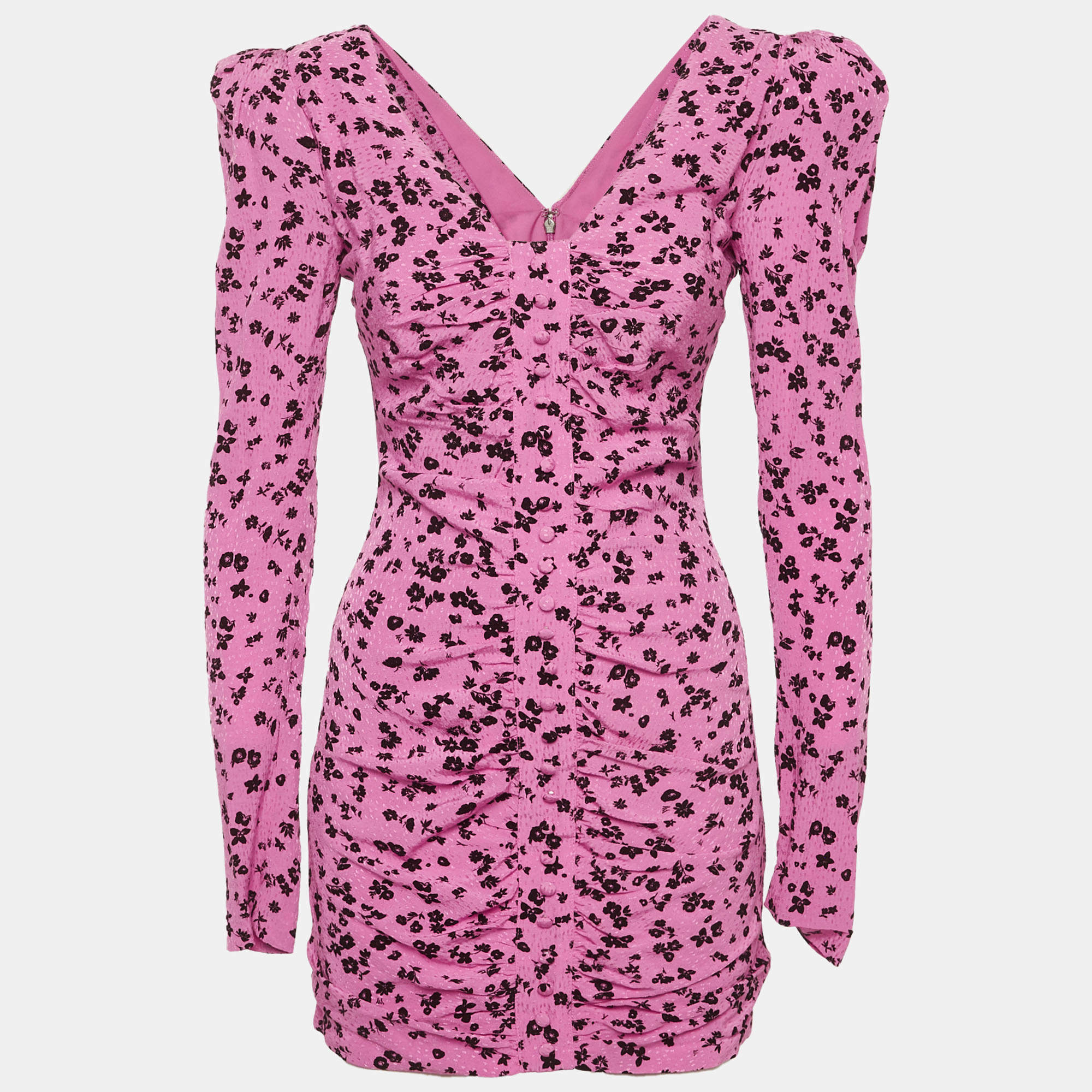 Pre Owned ROTATE Birger Christensen Pink Floral Print Crepe Ruche Mini Dress S