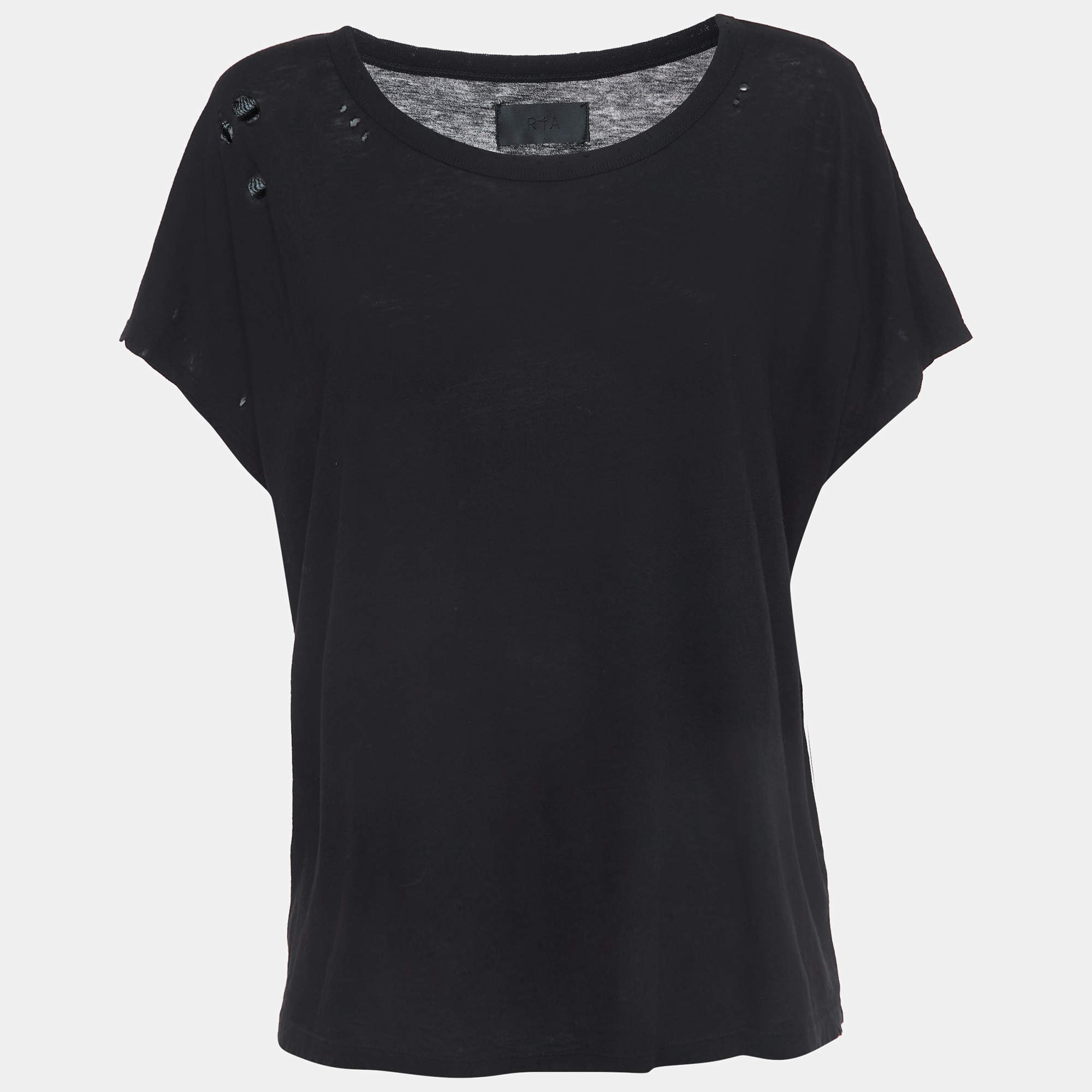 RTA Black Cotton Distressed Crop T-Shirt L