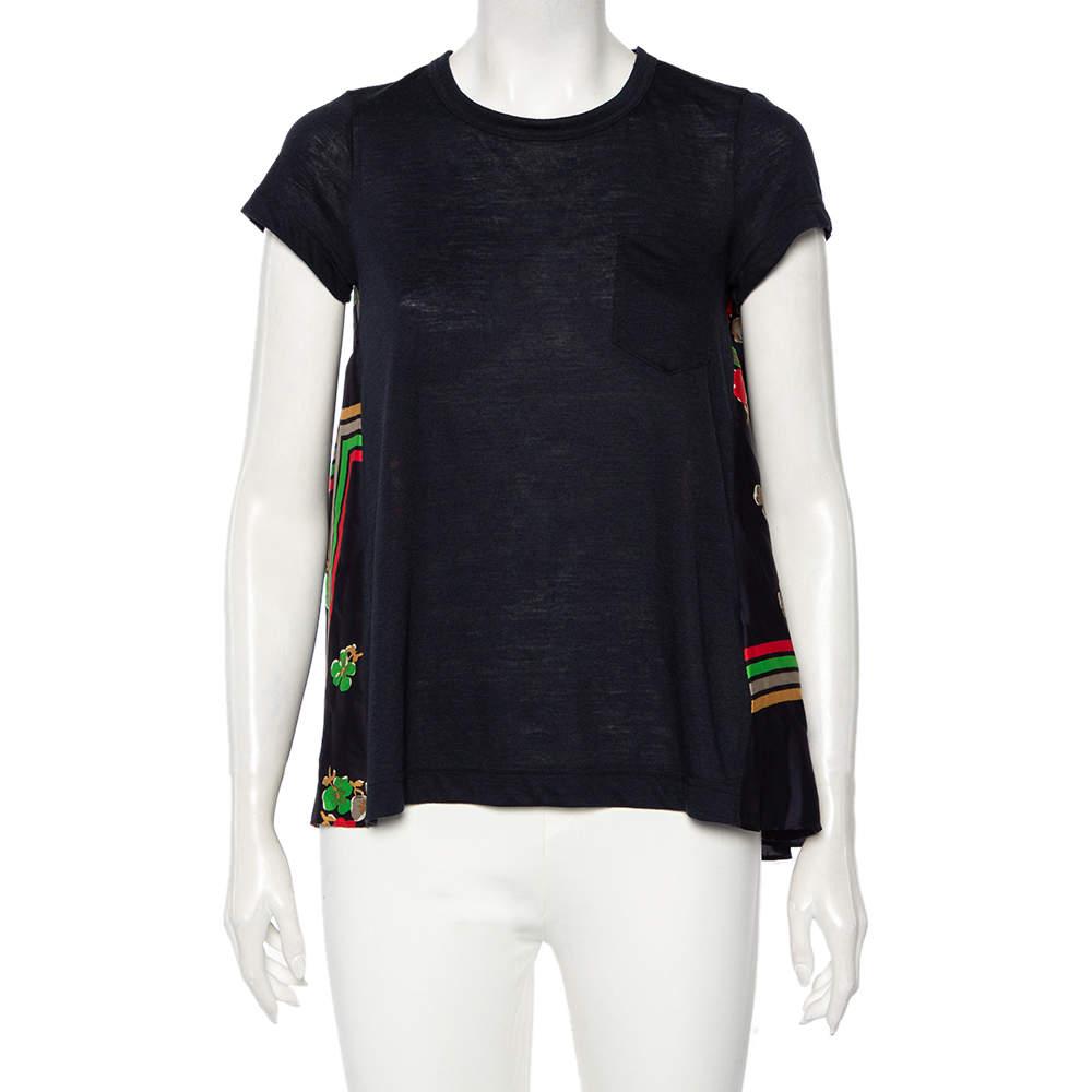 Pre Owned Sacai Navy Blue Floral Printed Linen & Satin Tunic T-Shirt XS