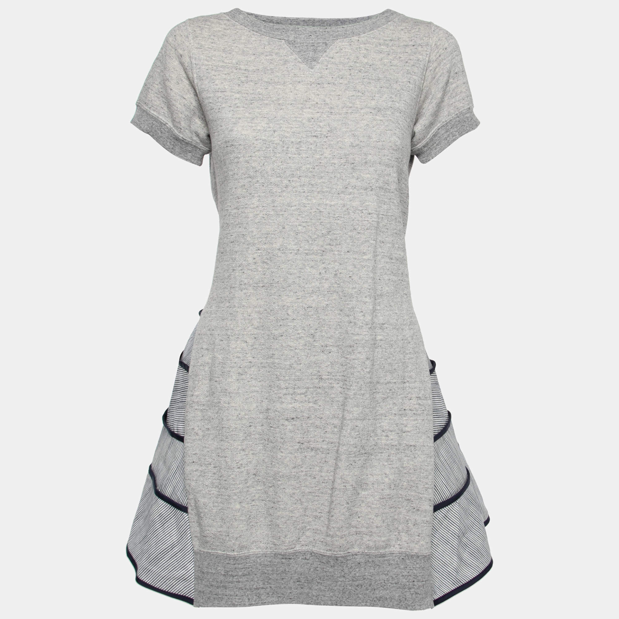 Pre Owned Sacai Grey Cotton & Blue Contrast Skirt Detail Short Sleeve Dress M