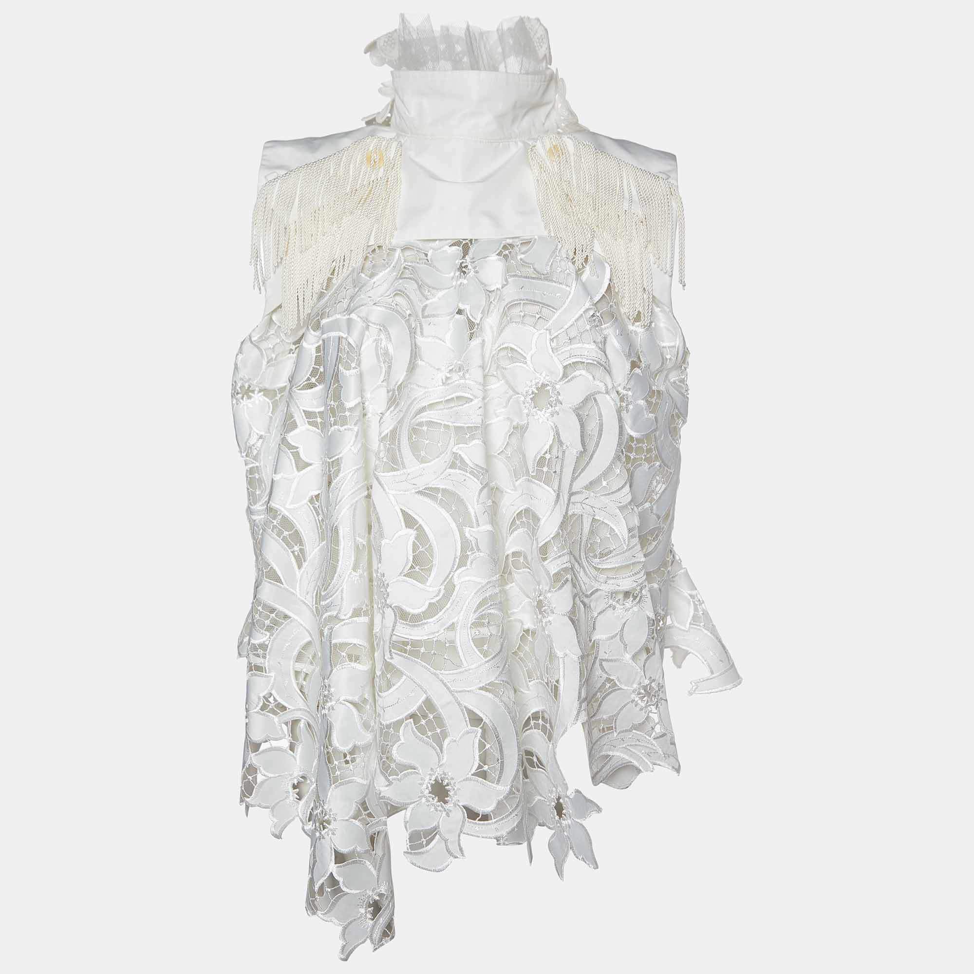 Sacai White Lace Fringed Shoulder Sleeveless Top L