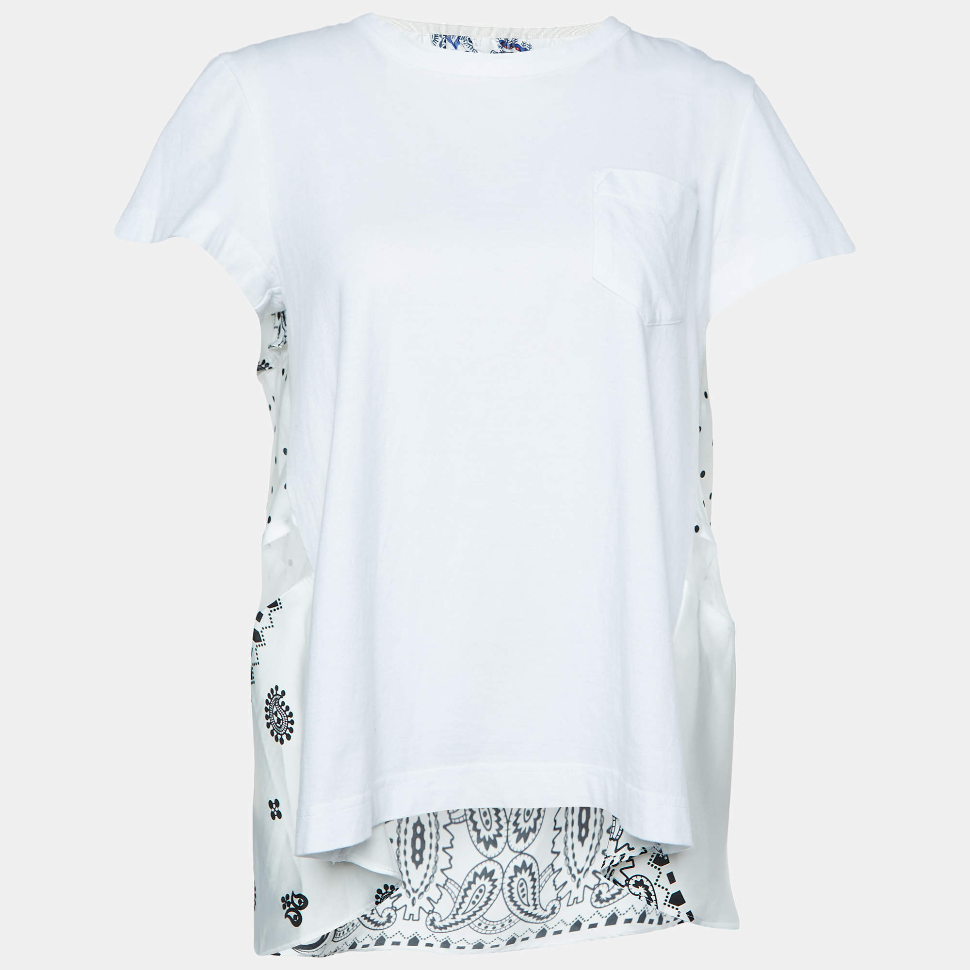 Sacai White Cotton & Paneled Satin Flared Top L