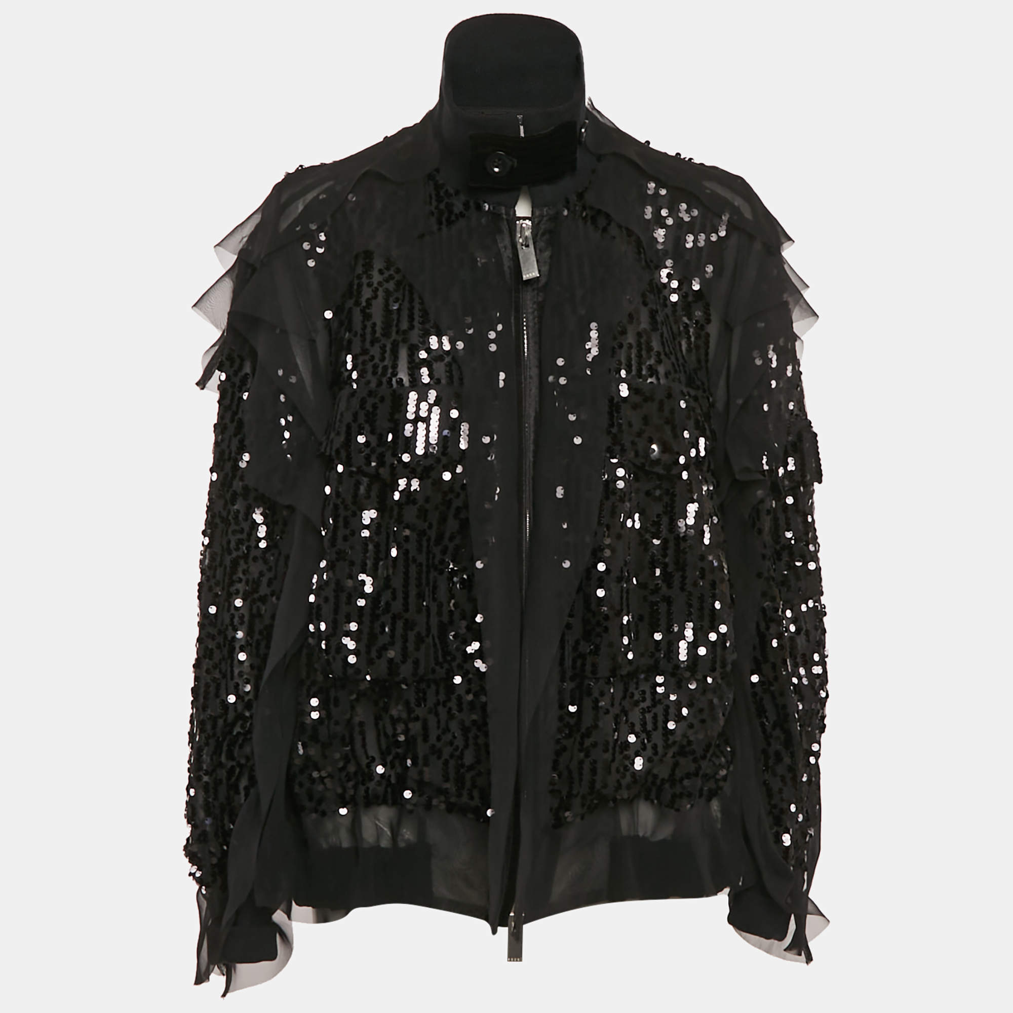 Sacai Black Sequin Crepe Ruffled Zip-Up Bomber Jacket L
