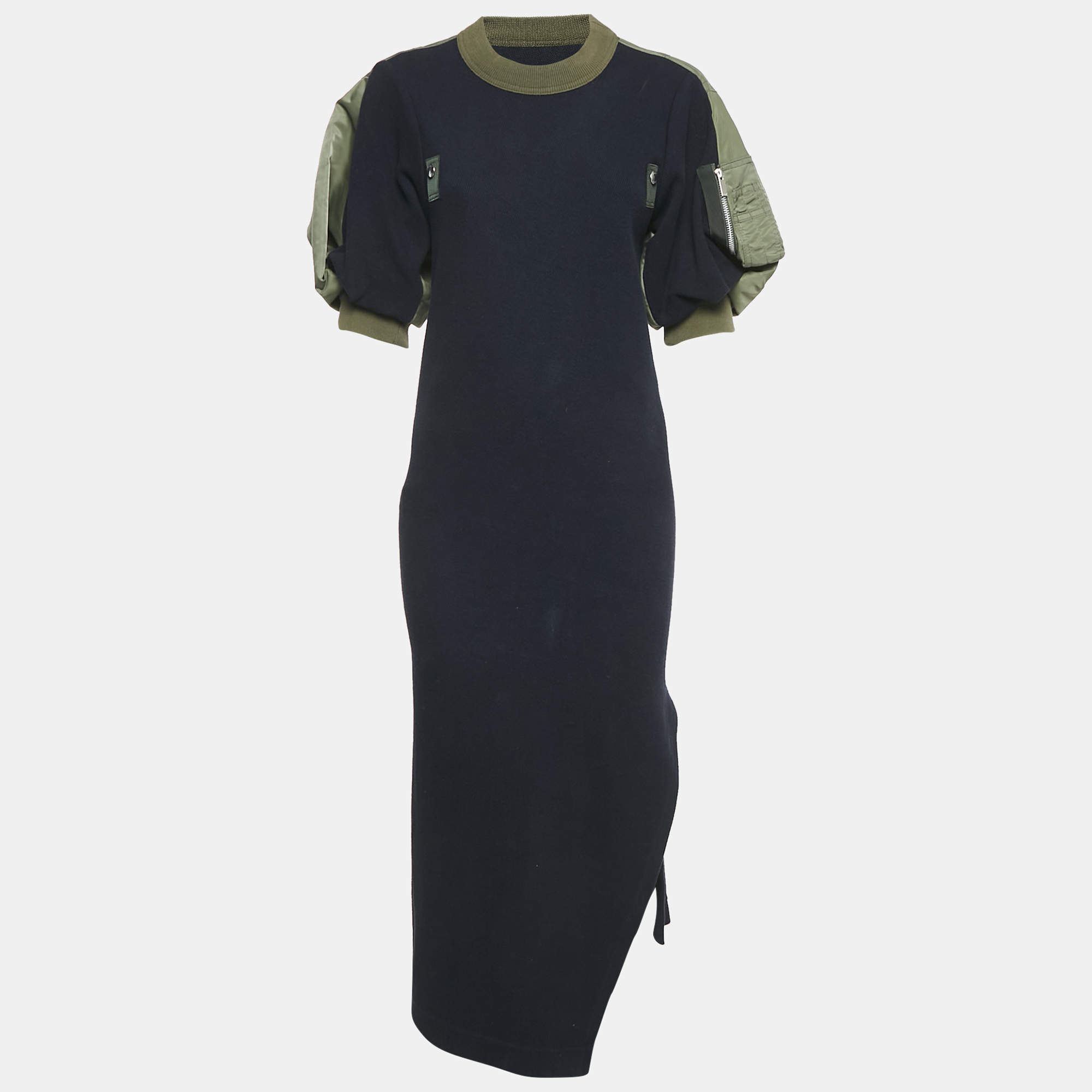 Sacai Navy Blue Rib Knit Puff Sleeve Satin Panel Detail Midi Dress S