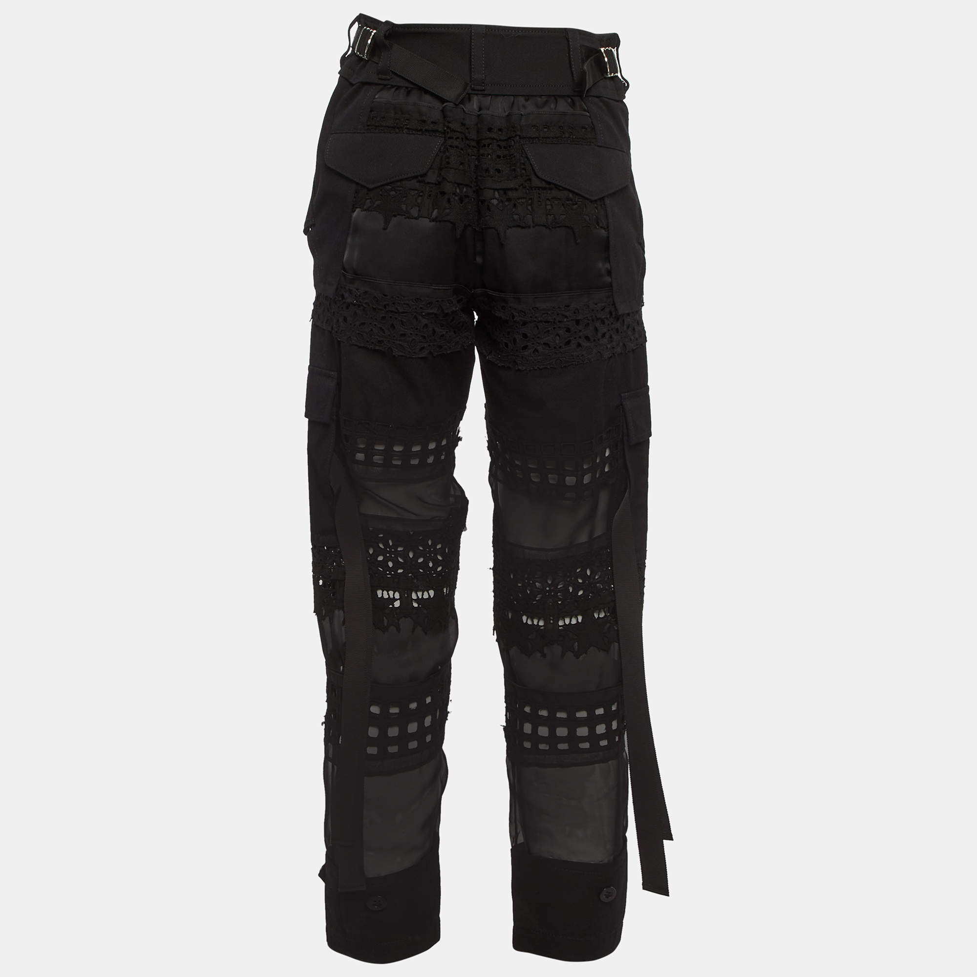 Sacai Black Eyelet Lace & Sheer Chiffon Paneled Trousers S