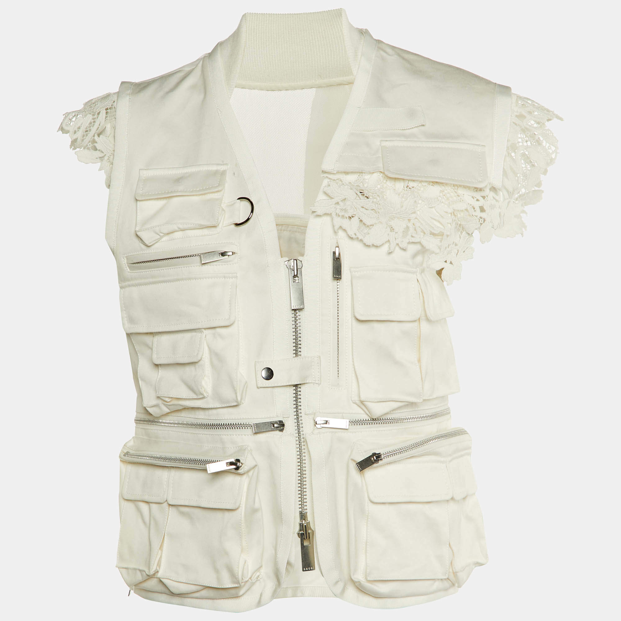 Pre Owned Sacai White Cotton & Lace Zipper Utility Vest M