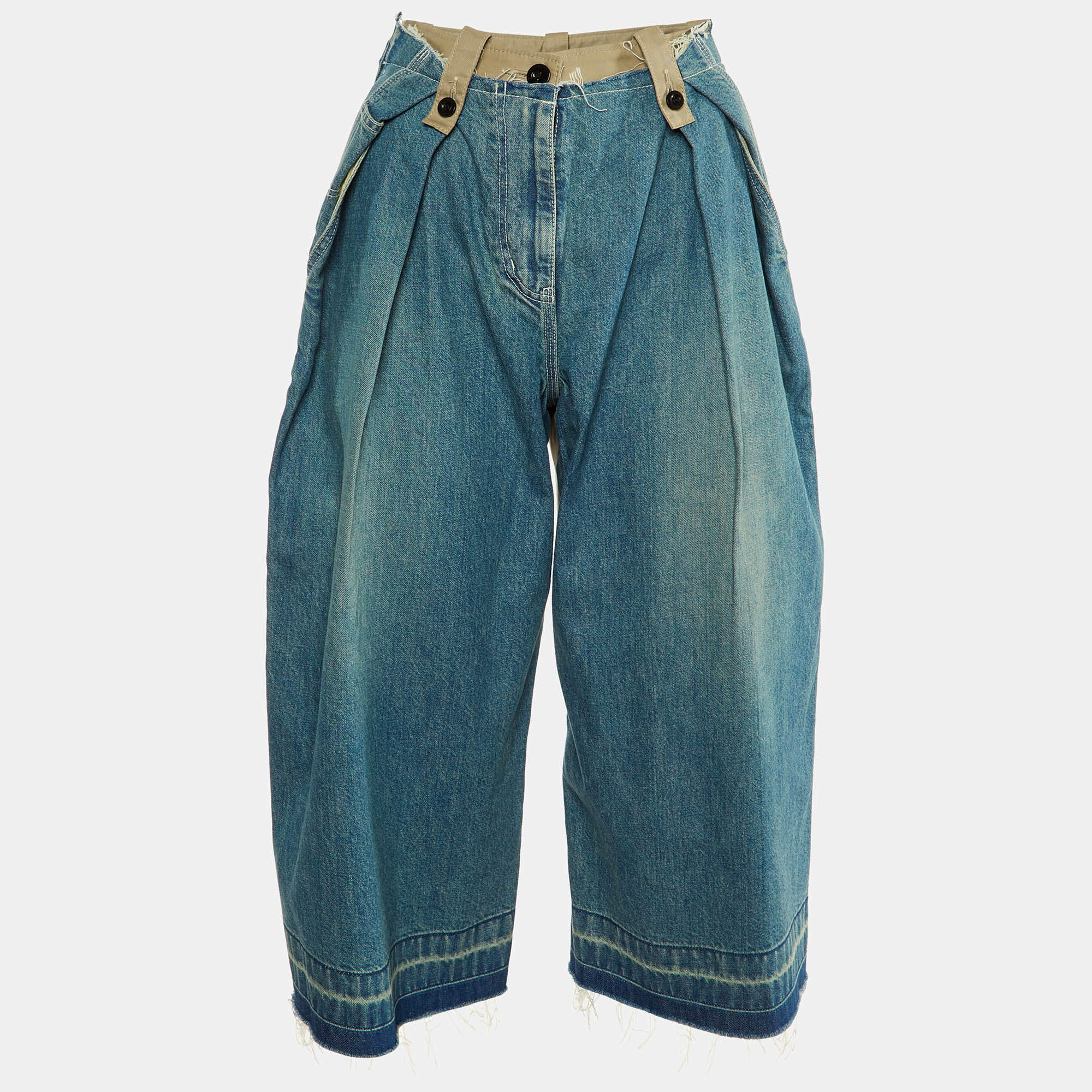 Sacai Blue Denim & Beige Synthetic Paneled Capri Pants M