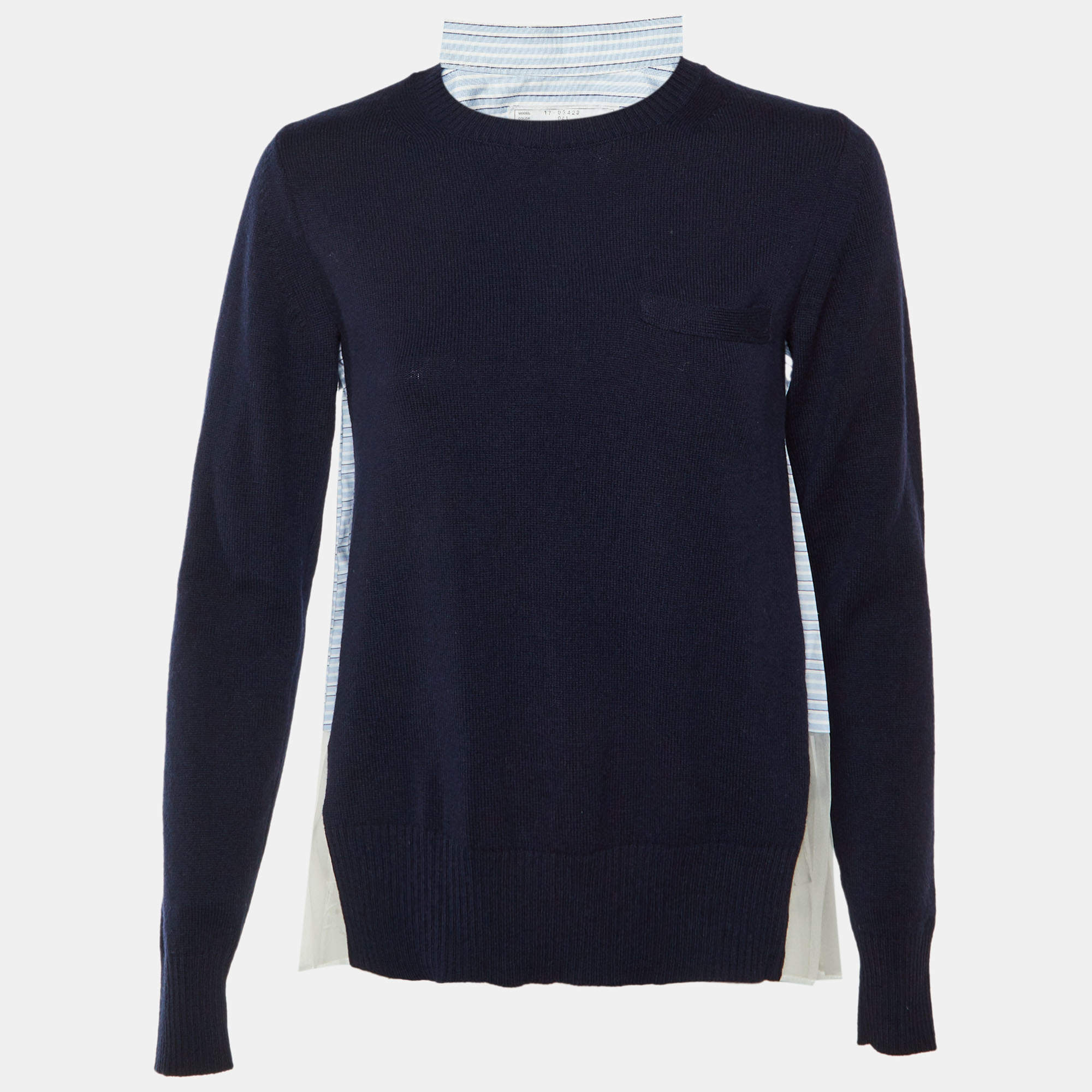 مملوكة مسبقًا Sacai Navy Blue Striped Mesh Detail Wool Sweater S
