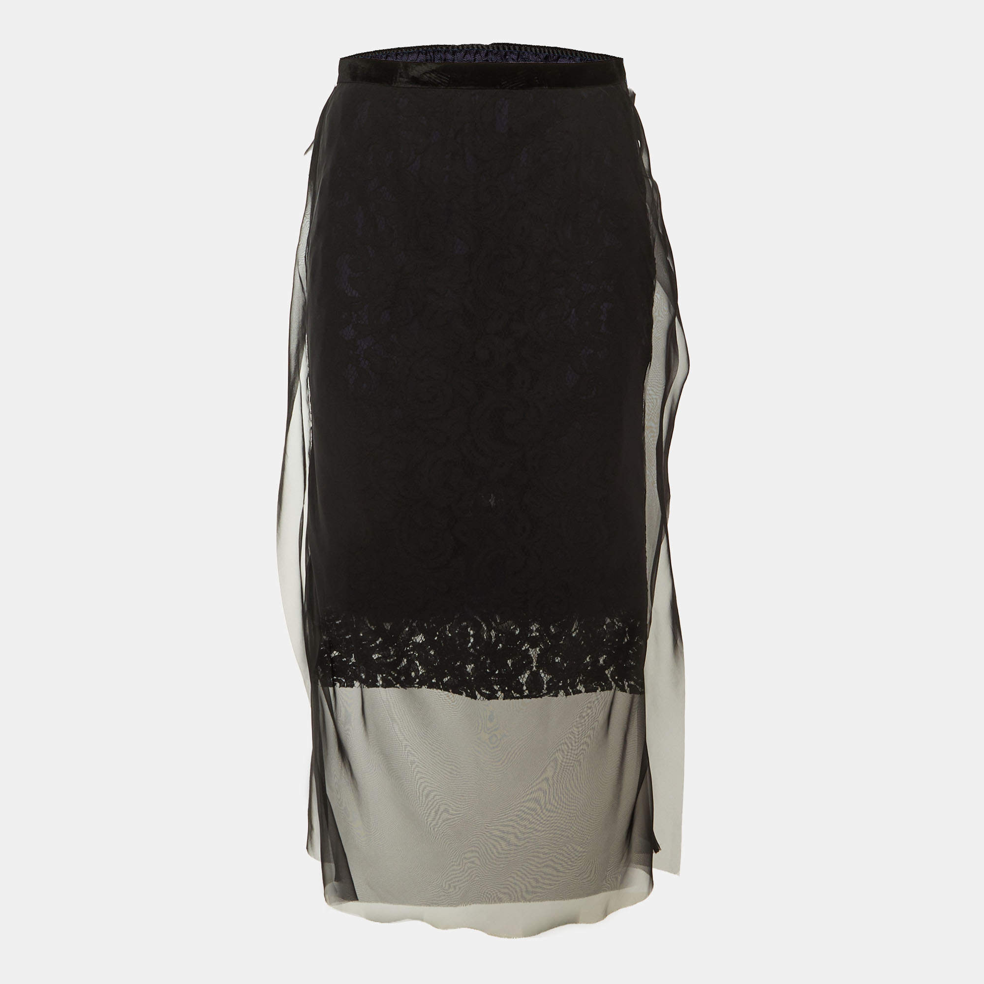 Pre Owned Sacai Black Lace & Tulle Overlay Midi Skirt M