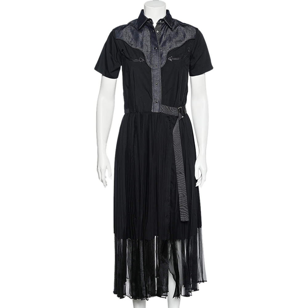 Sacai Indigo Denim & Poplin Pleated Wrap Maxi Dress XS