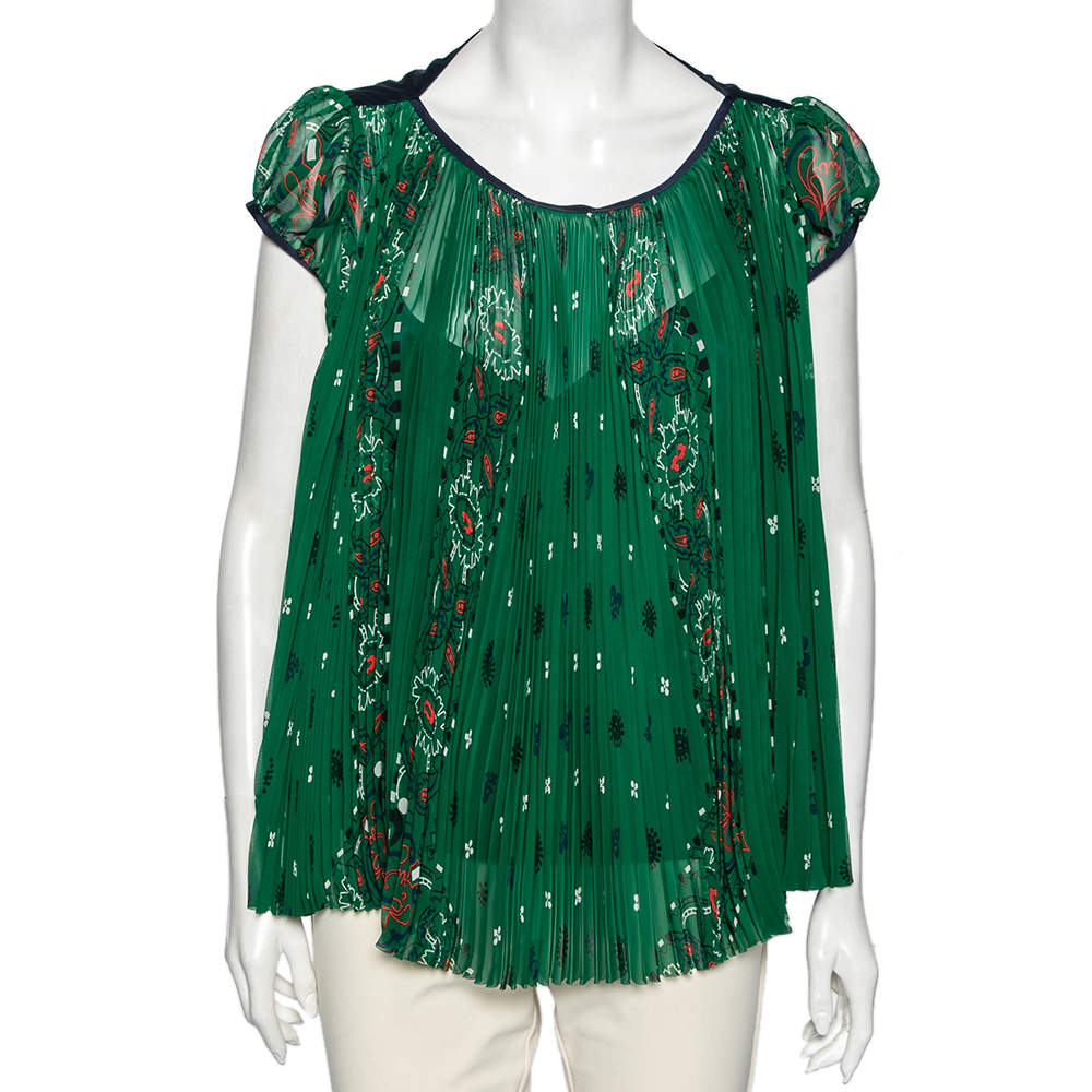 Pre Owned Sacai Green Paisley Printed Chiffon Plisse Pleated Top M