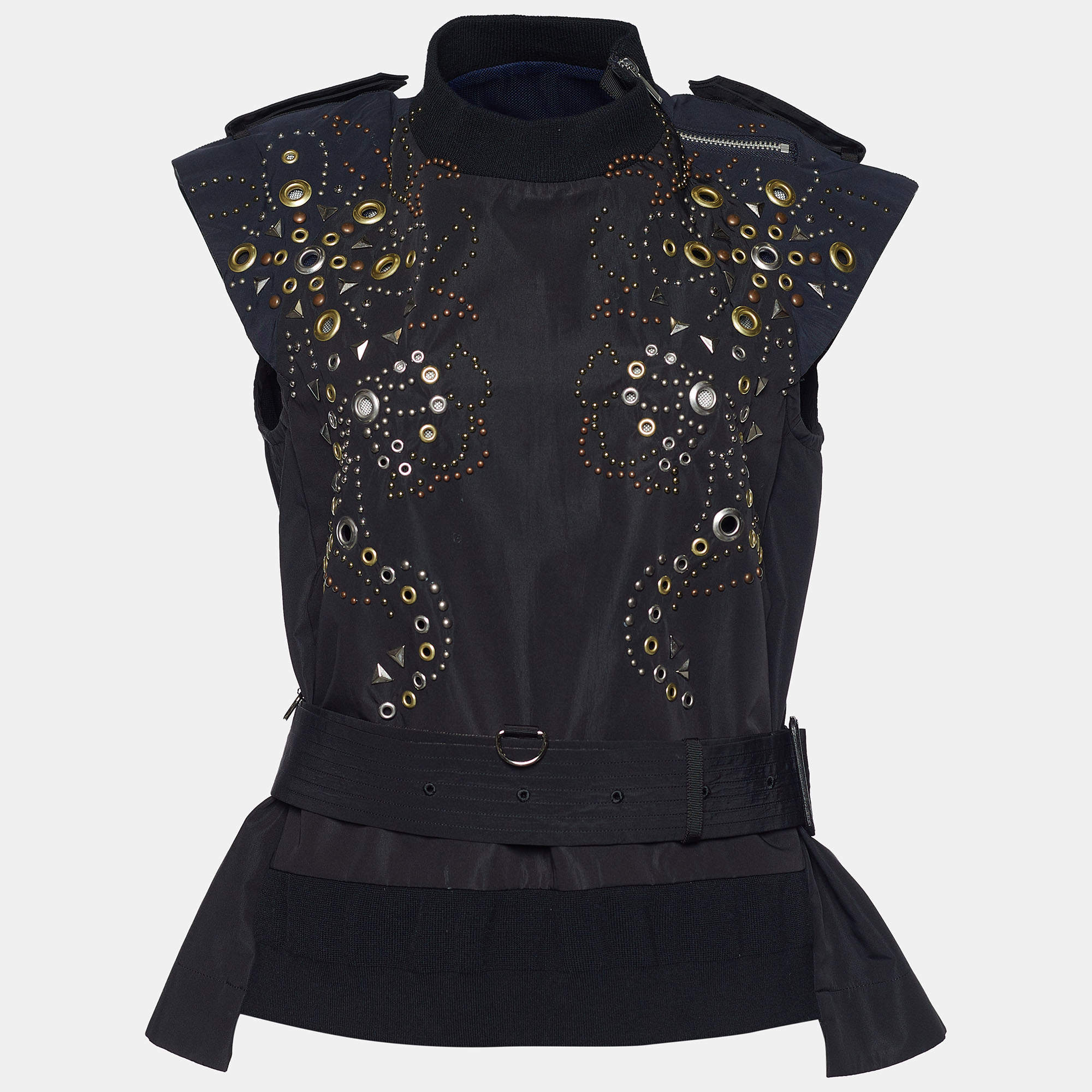 Sacai Black Synthetic Grommet Studded Belted Top S