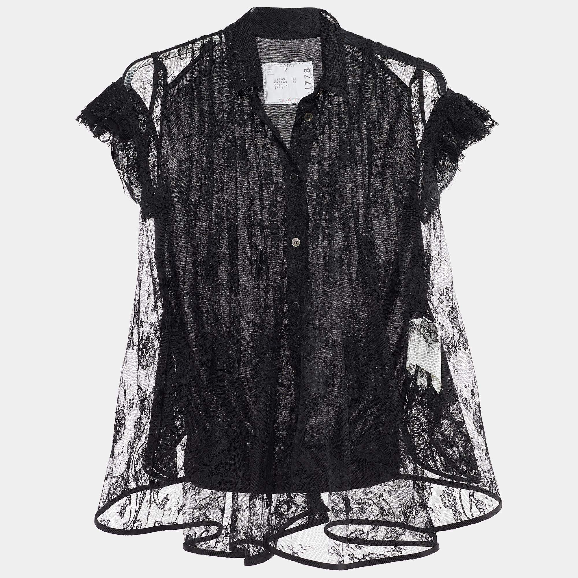 Sacai Black Lace & Cotton Paneled Button Front Top S