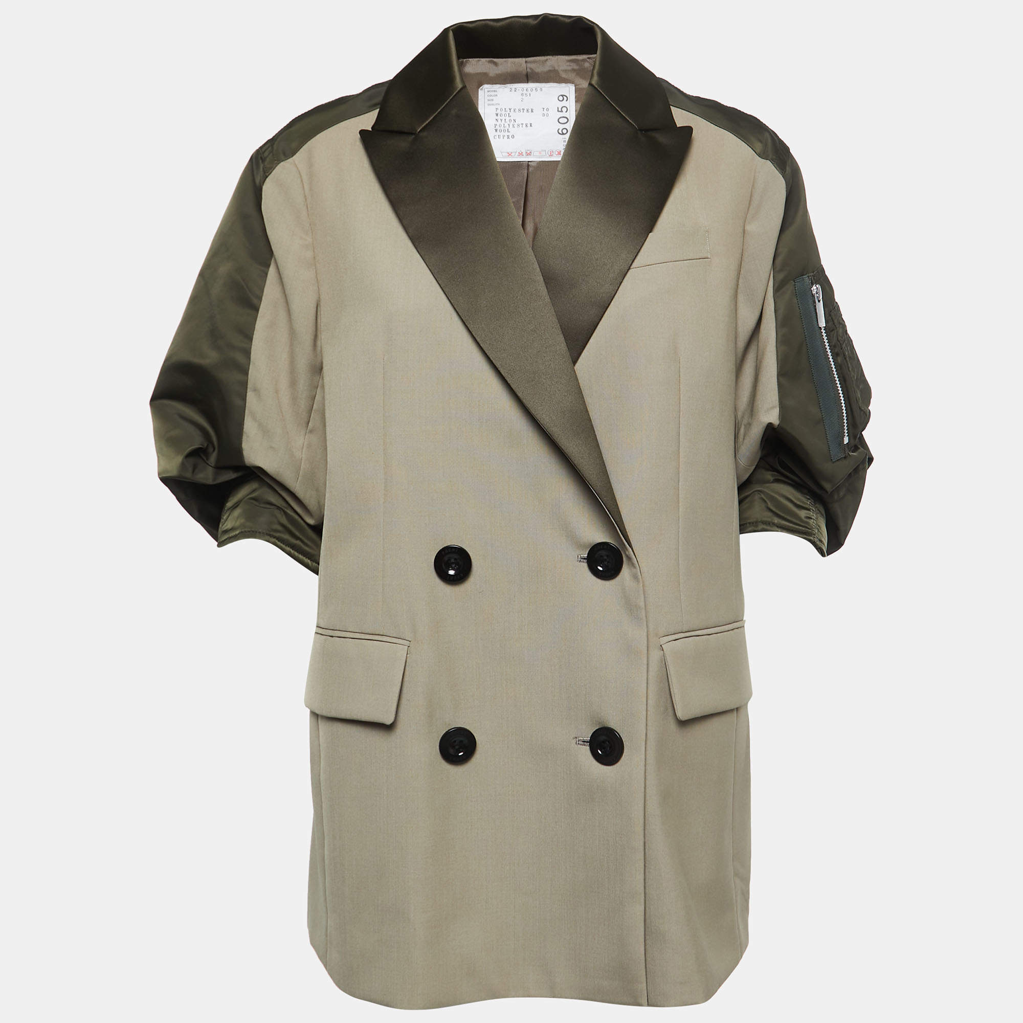 Sacai Green Wool Blend Satin Paneled Double Breasted Blazer S