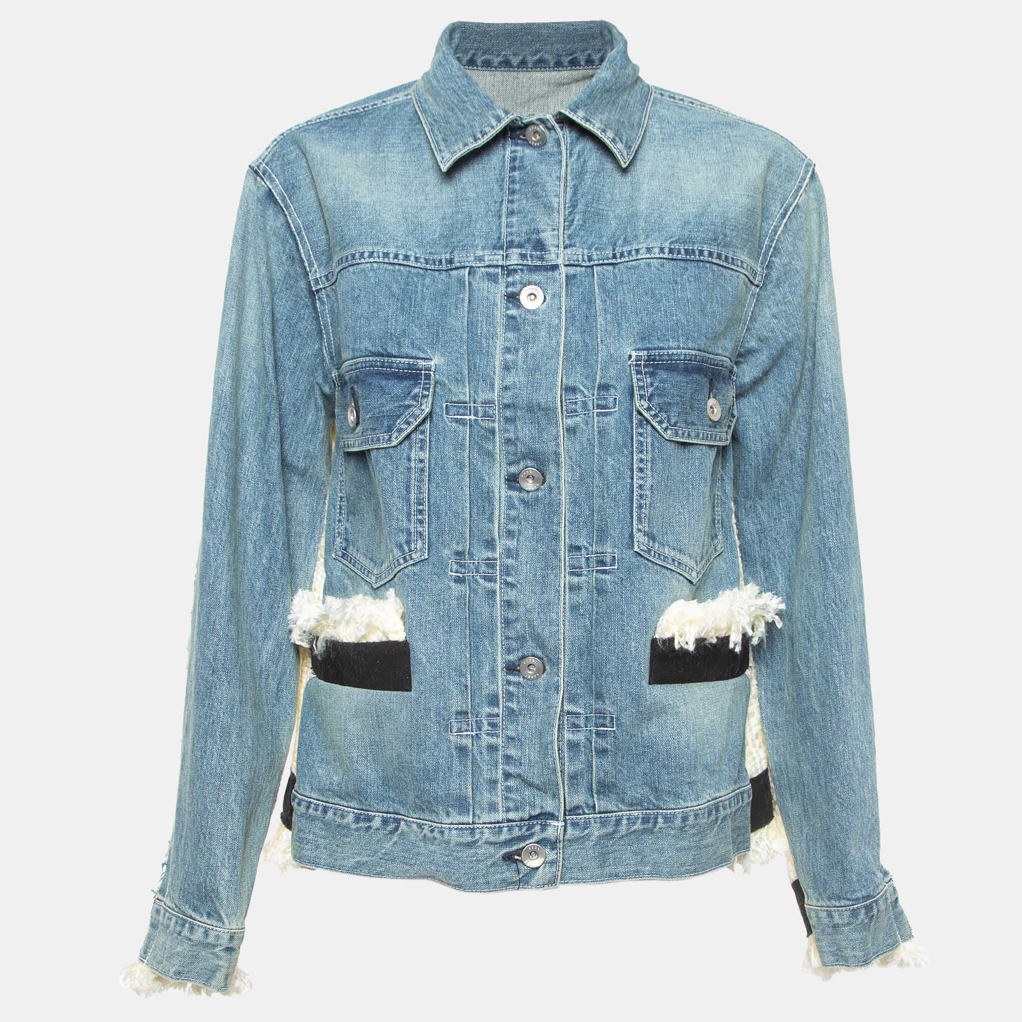 Sacai Blue Tweed Trim Denim Fringed Buttoned Jacket M