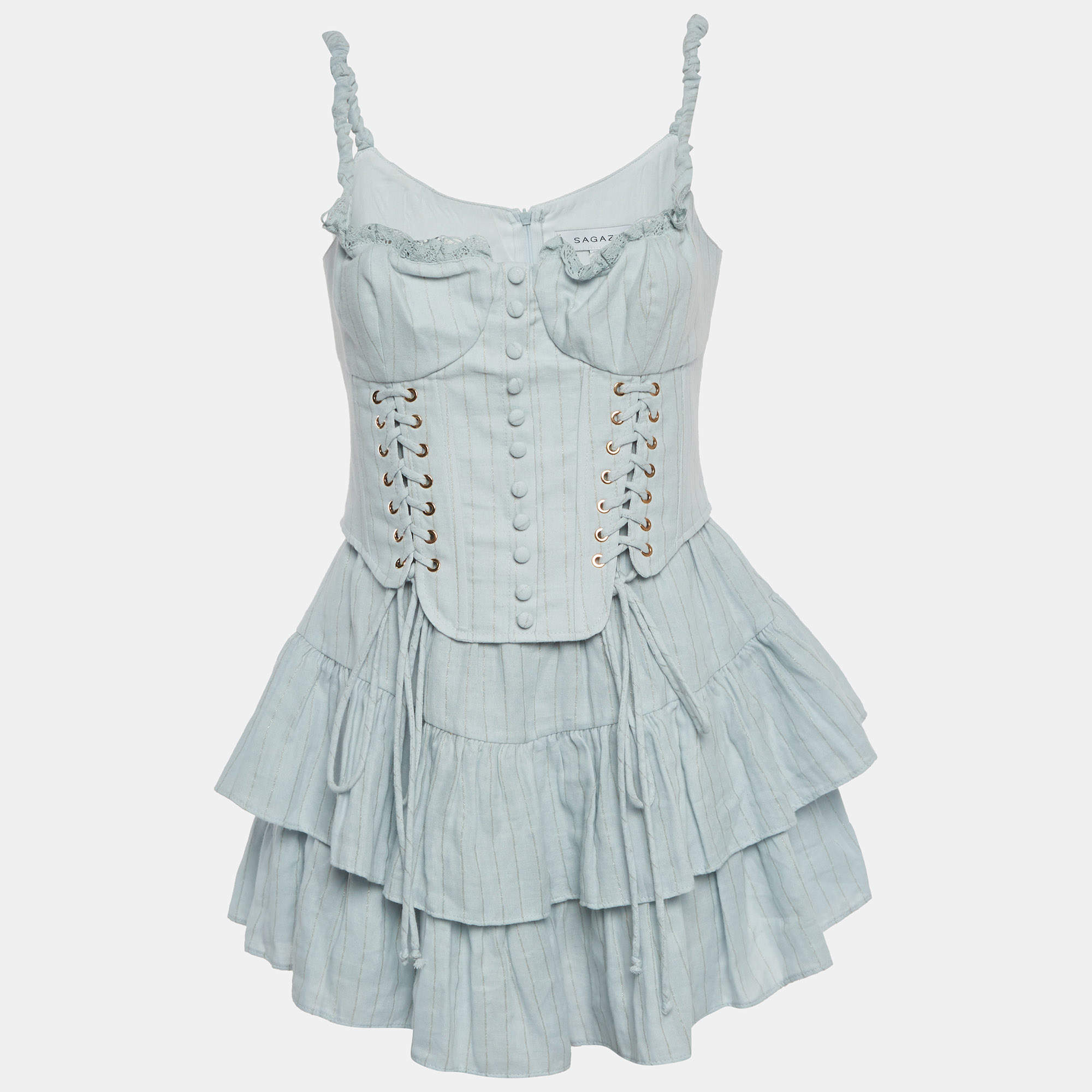 Pre Owned Sagaza Light Blue Pin Striped Cotton Rokoko Mini Dress