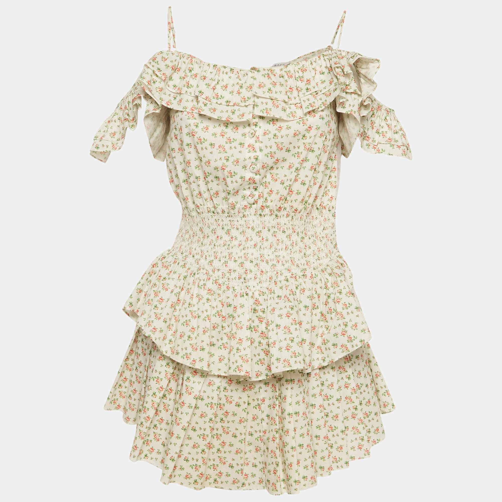 Pre Owned Sagaza Cream Floral Print Tiered Mini Dress S