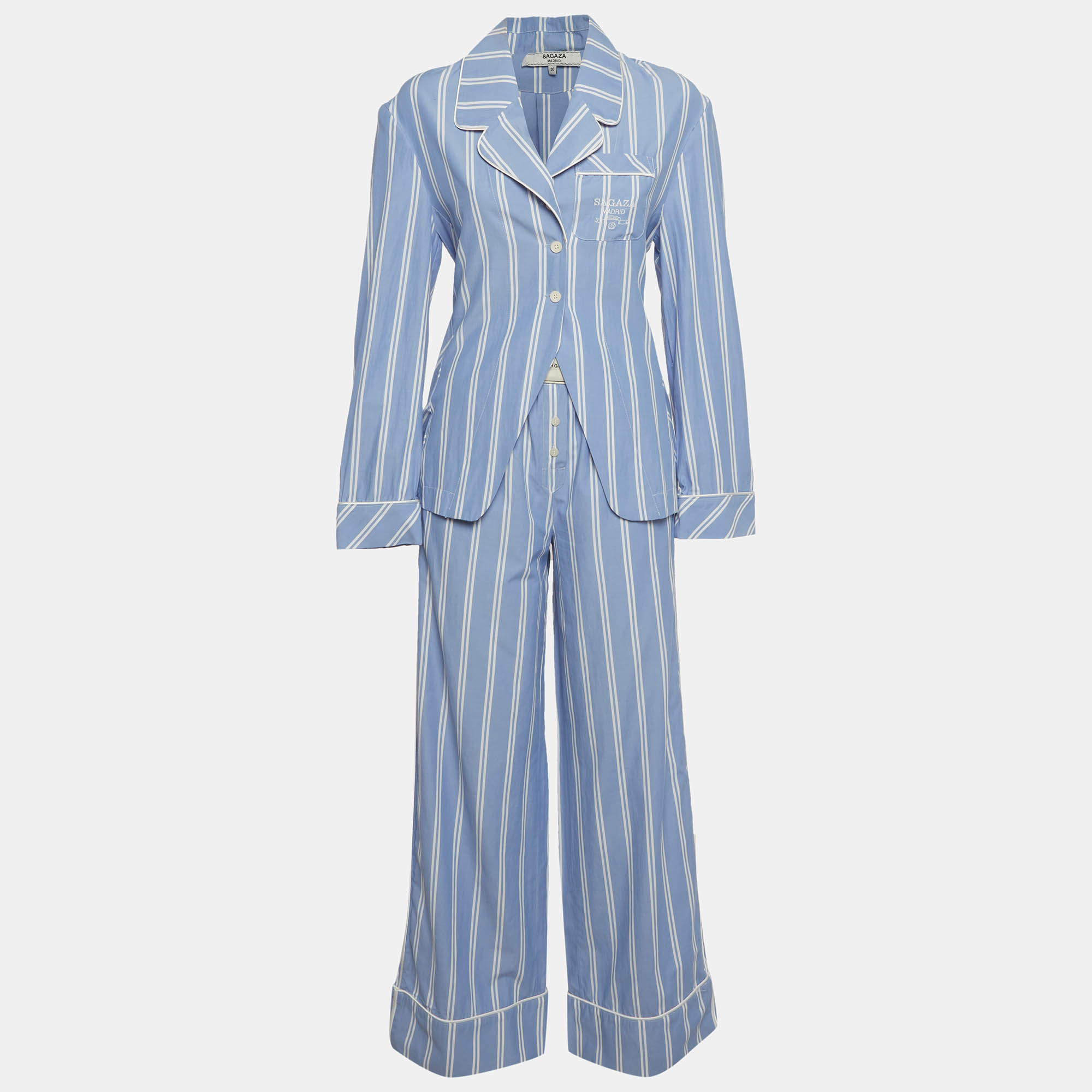 Pre Owned Sagaza Blue/White Striped Cotton Shirt and Eleonora Pants Suit S