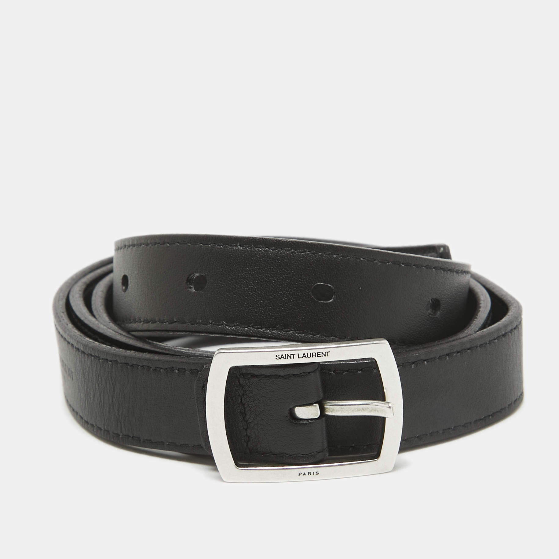 Pre Owned Saint Laurent Black Leather Buckle Slim Belt 85 CM