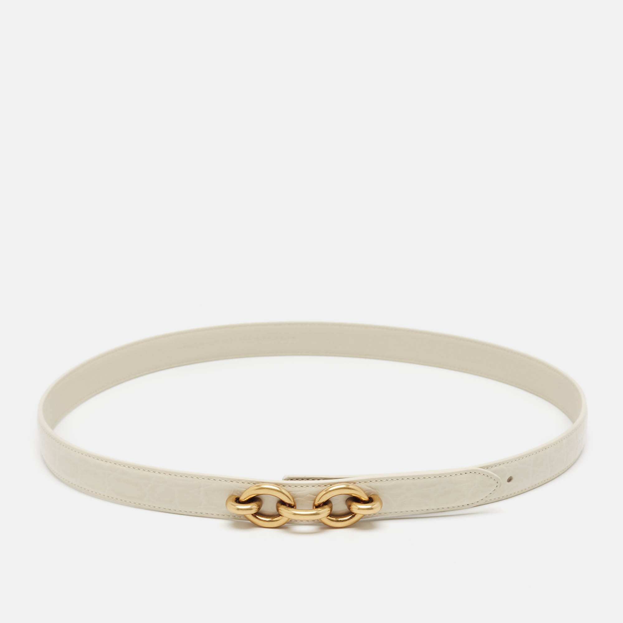 Pre Owned Saint Laurent Off White Croc Embossed Leather Chain Detail Waist Belt 75CM