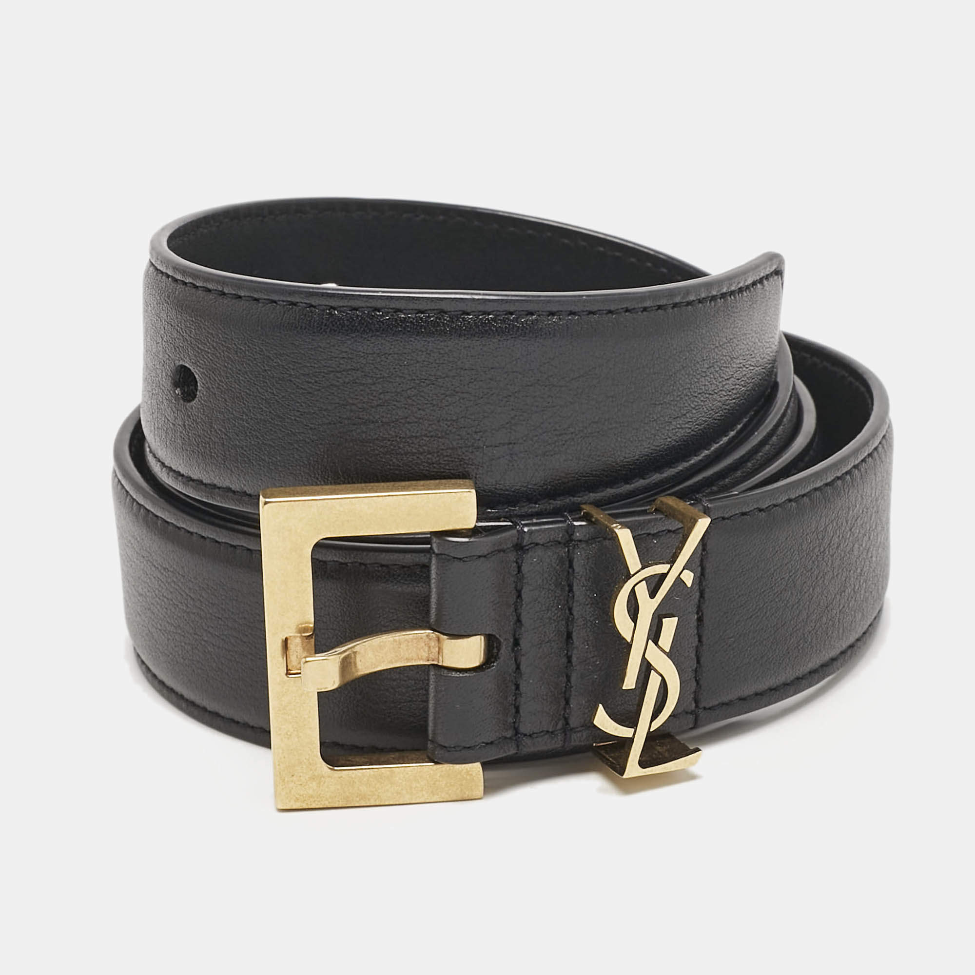 Saint Laurent Black Leather Cassandre Buckle Belt 80CM