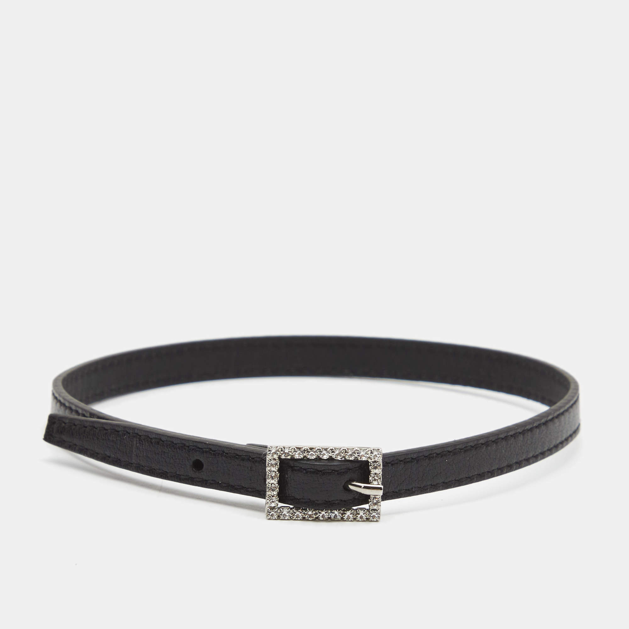 Pre Owned Saint Laurent Crystal Buckle Black Leather Choker