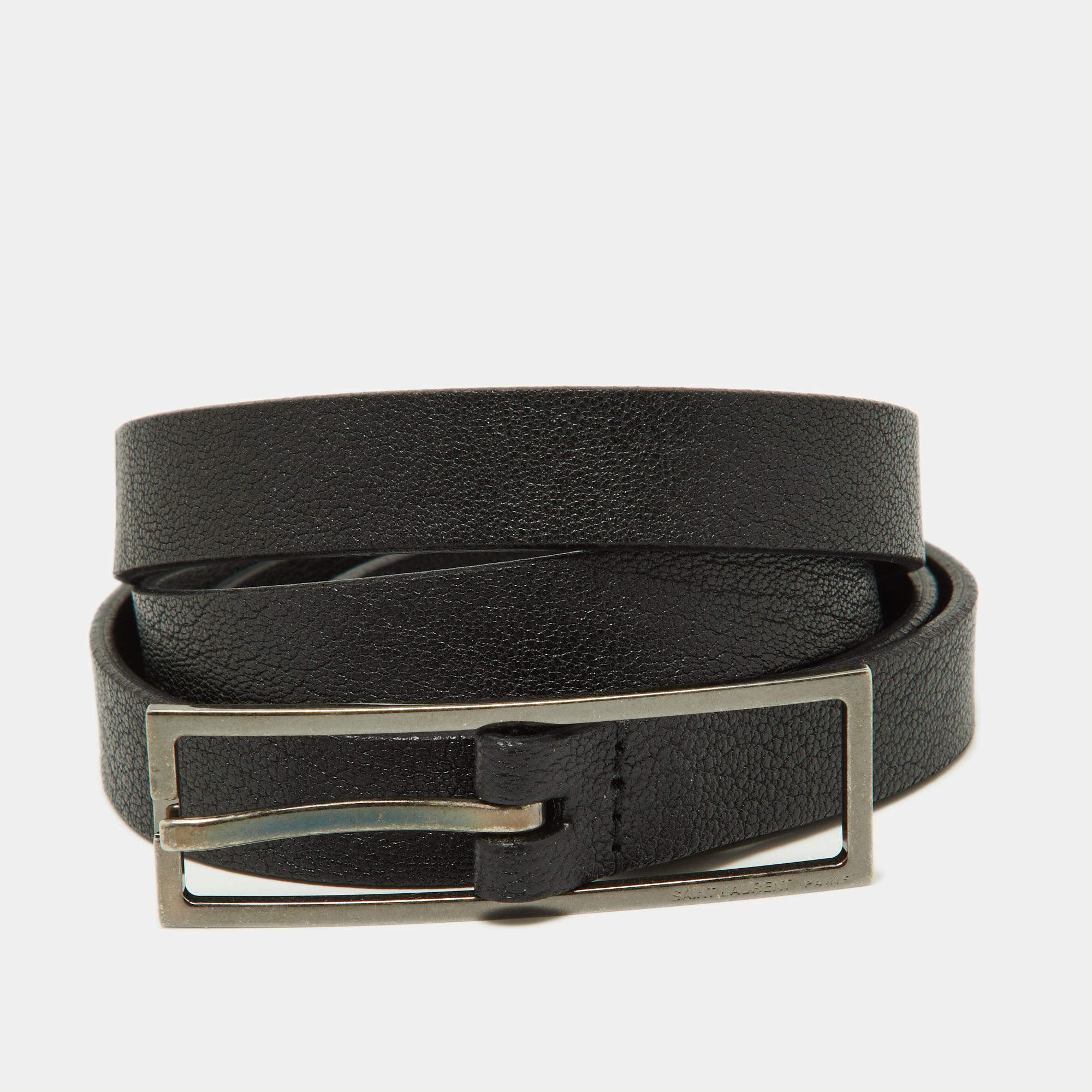 Pre Owned Saint Laurent Black Leather Buckle Slim Belt 95CM