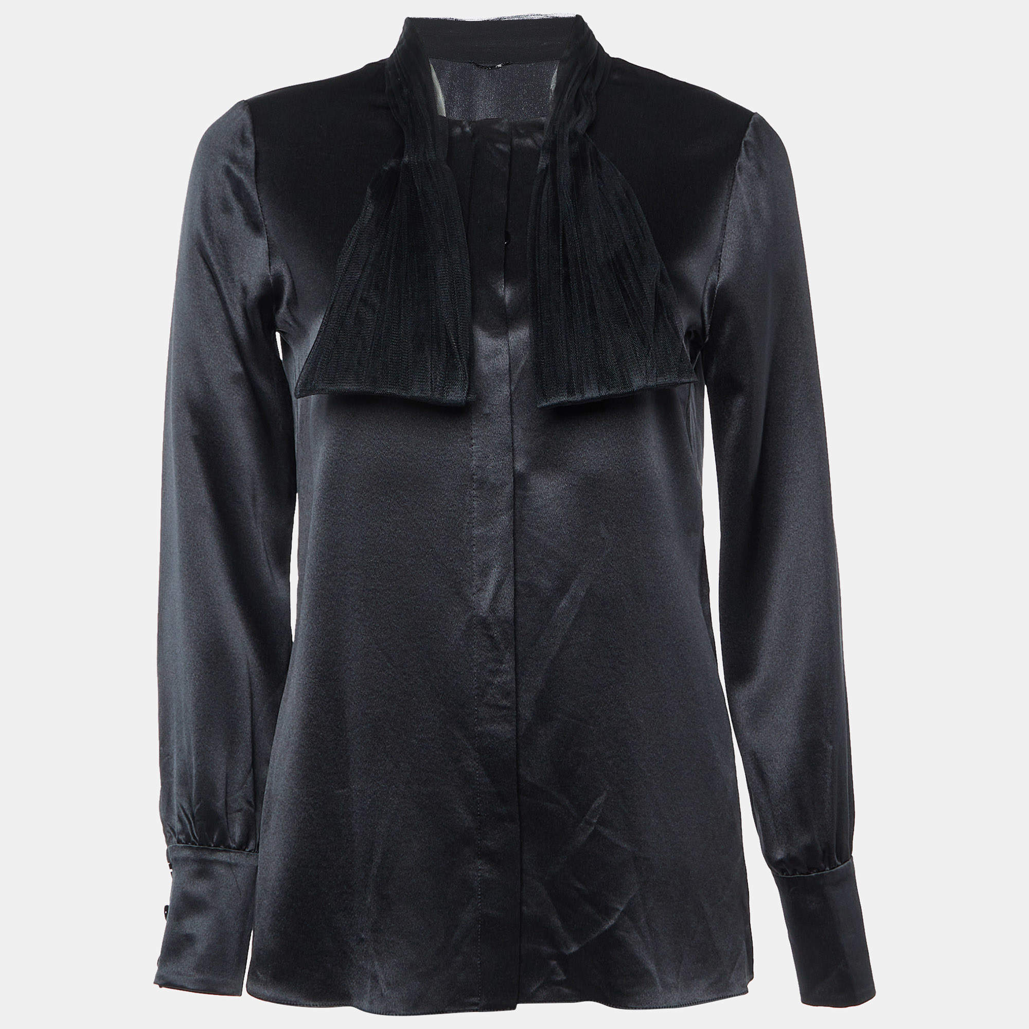 Pre Owned Saint Laurent Black Satin Silk Neck Detail Shirt S