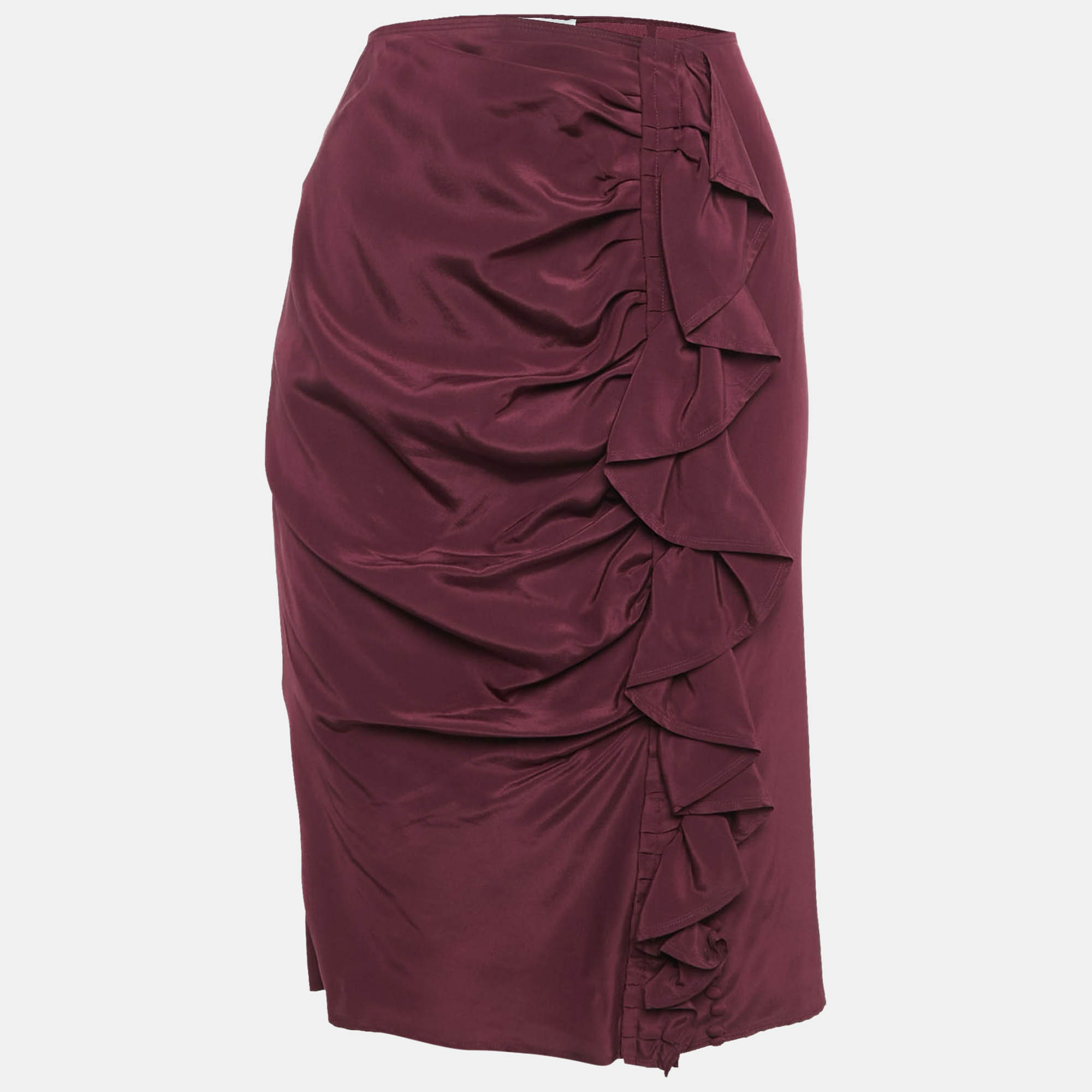 Pre Owned Yves Saint Laurent Vintage Burgundy Silk Ruffled Knee-Length M