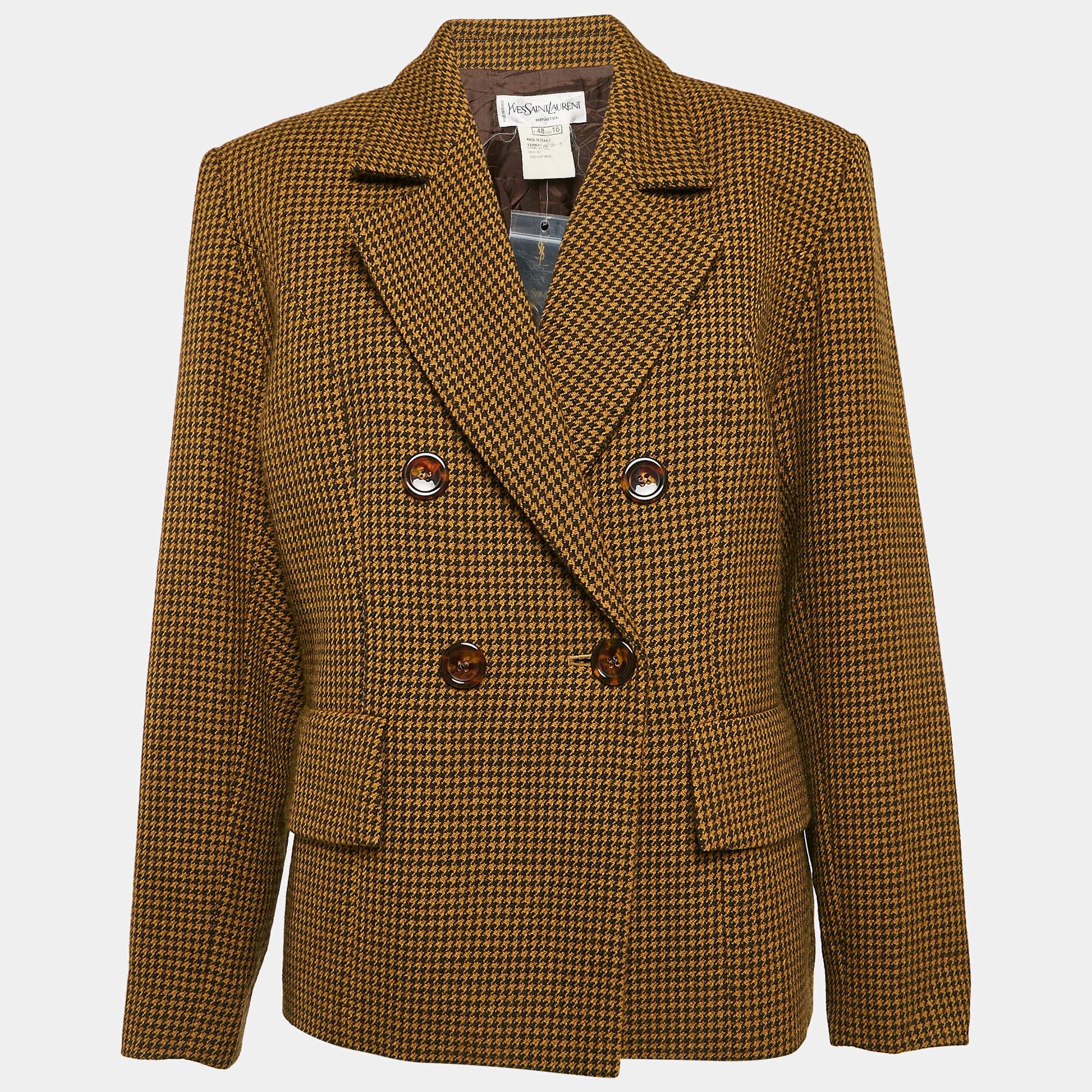 Pre Owned Yves Saint Laurent Vintage Yellow/Black Houndstooth Wool Double Breasted Blazer XL