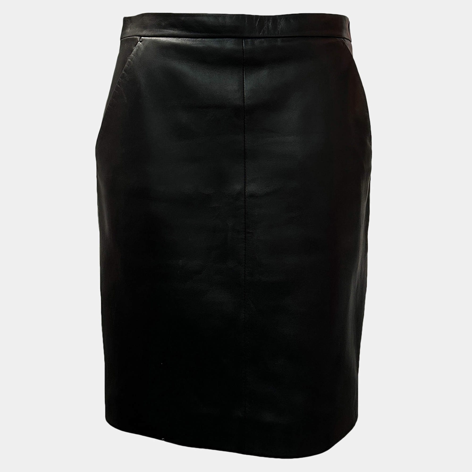 Saint Laurent Paris Black Leather Midi Skirt