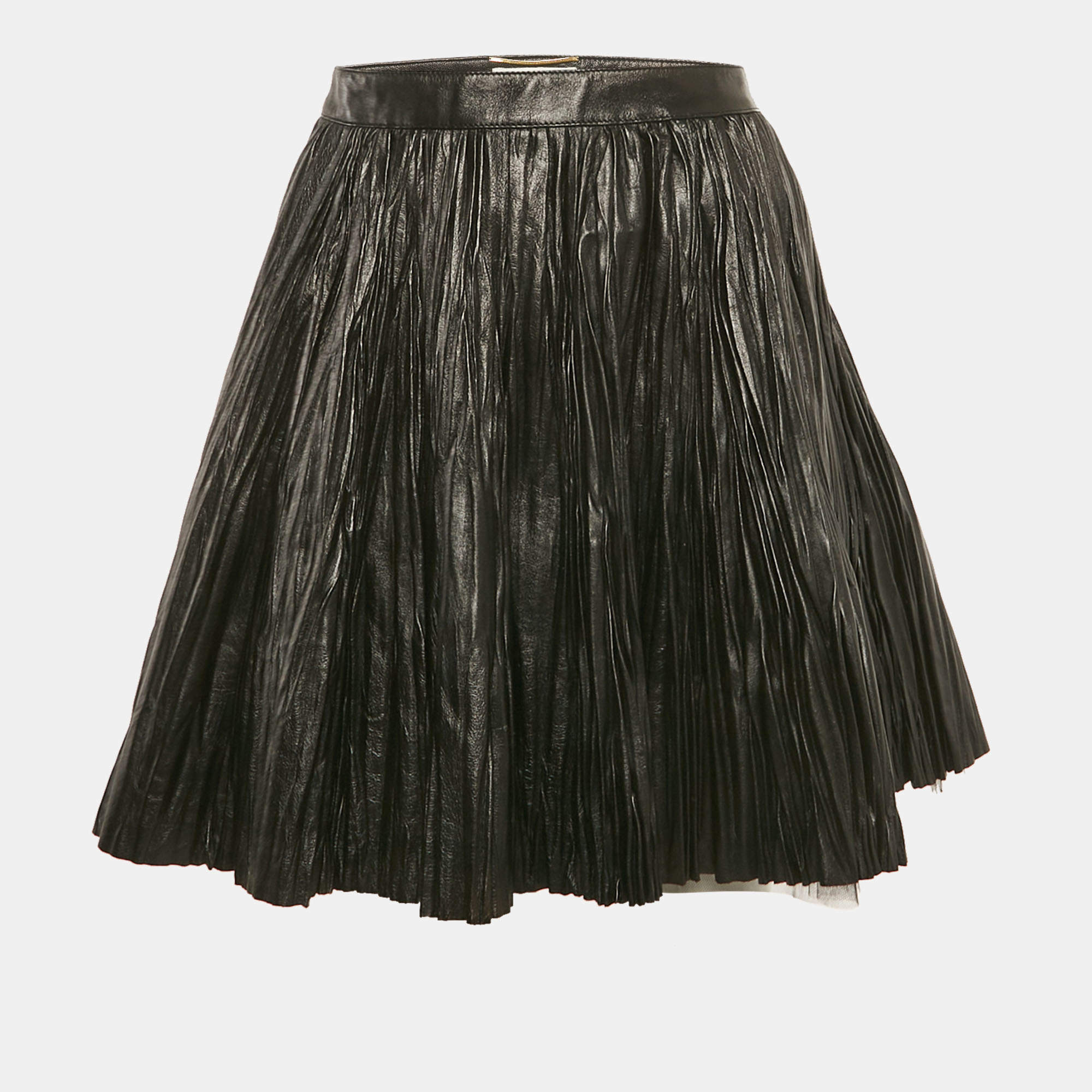 Saint Laurent Black Leather Pleated Mini Skirt M