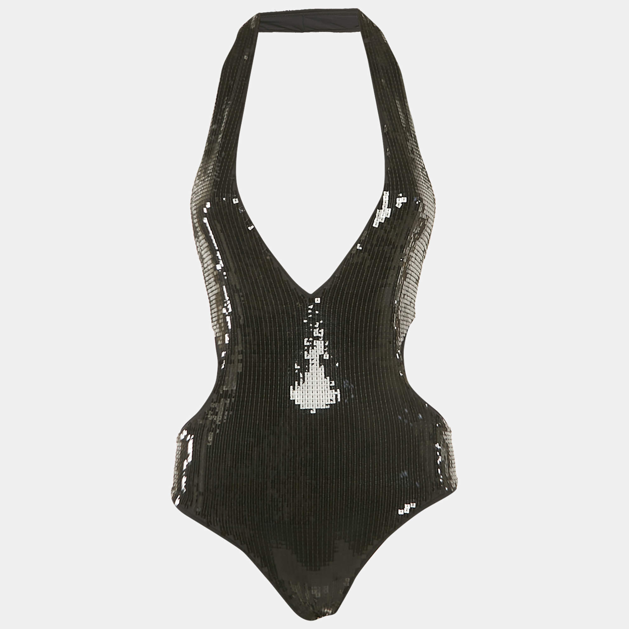 Pre Owned Saint Laurent Paris Black Sequin Embellished Jersey Cut-Out Swimsuit XS