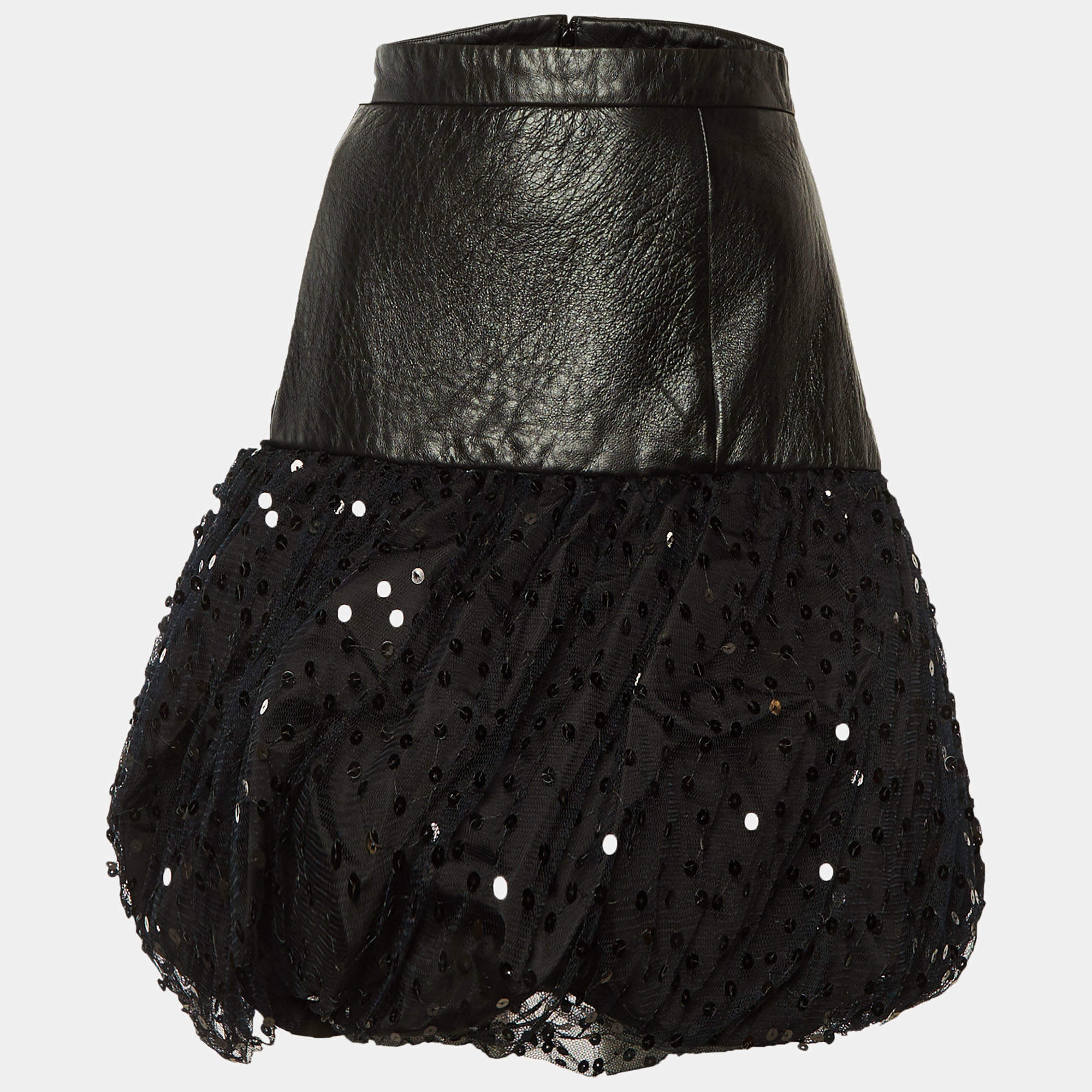 مملوكة مسبقًا Saint Laurent Black Leather & Sequin Tulle Mini Skirt L 