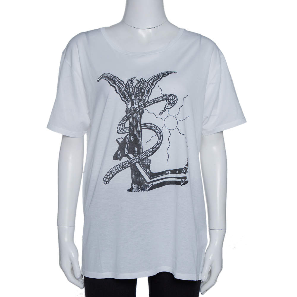 Saint Laurent Paris White Cotton Logo Printed T Shirt XL