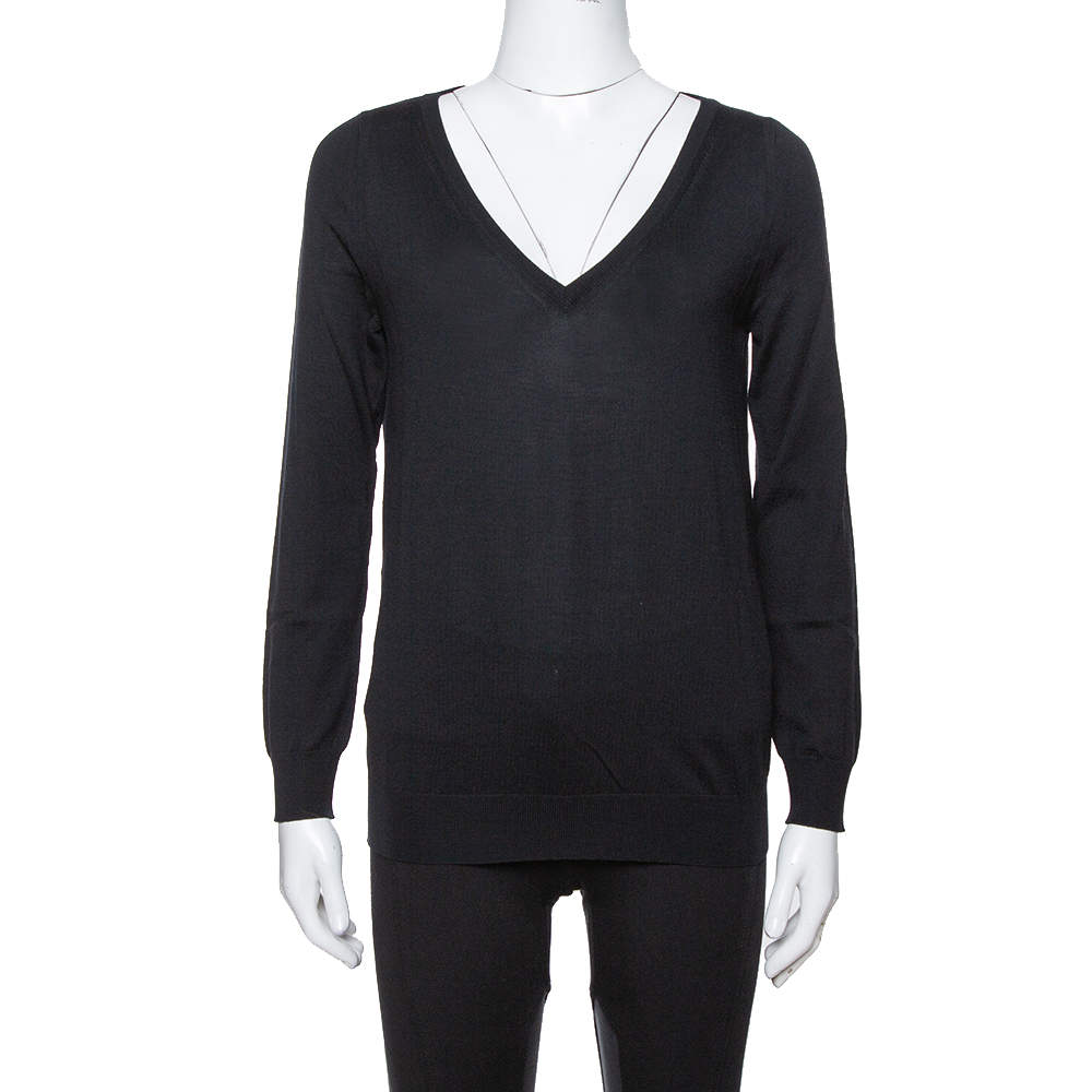 مملوكة مسبقًا Saint Laurent Paris Black Wool V-Neck Sweater S
