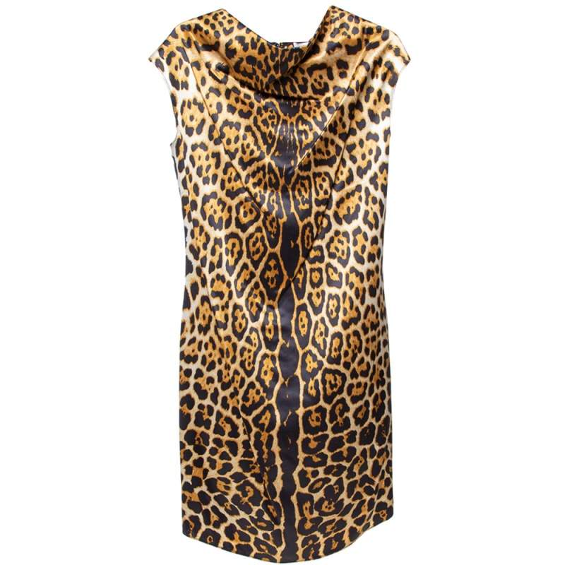 فستان سان لوران حرير بني مطبوع نقشة الفهد مقاس صغير - سمول