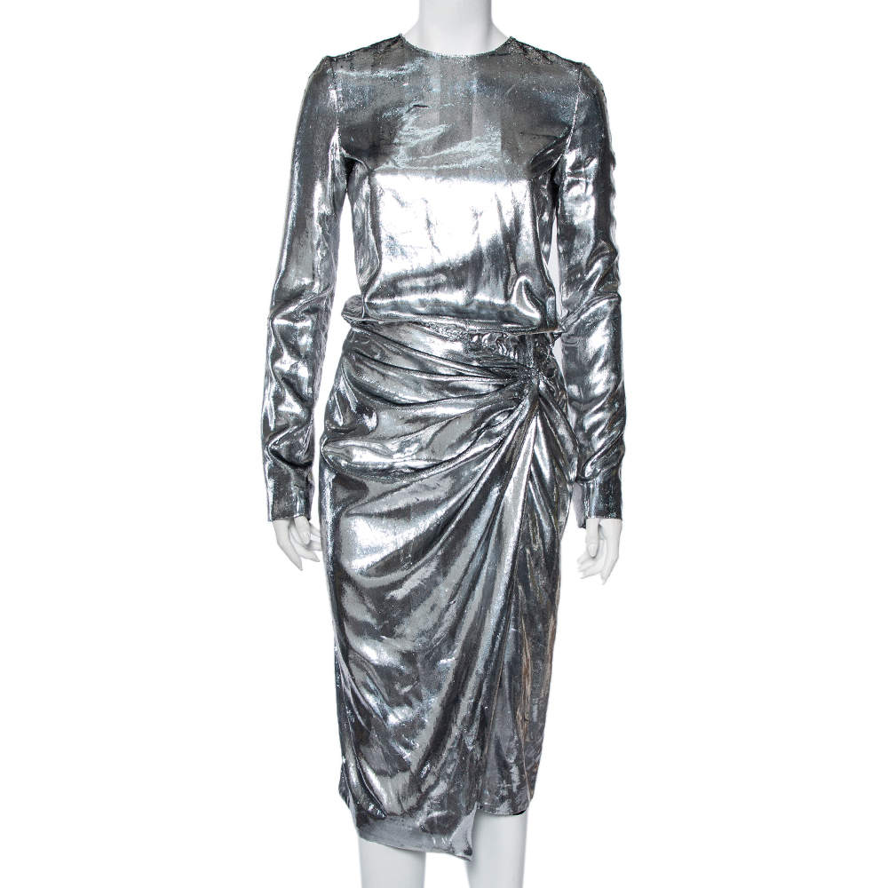 Saint Laurent Paris Silver Lurex Silk Draped Waist Detail Faux Wrap Dress S 