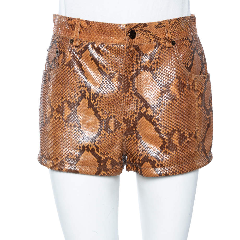 Pre Owned Saint Laurent Brown Python Skin High Waist Shorts M