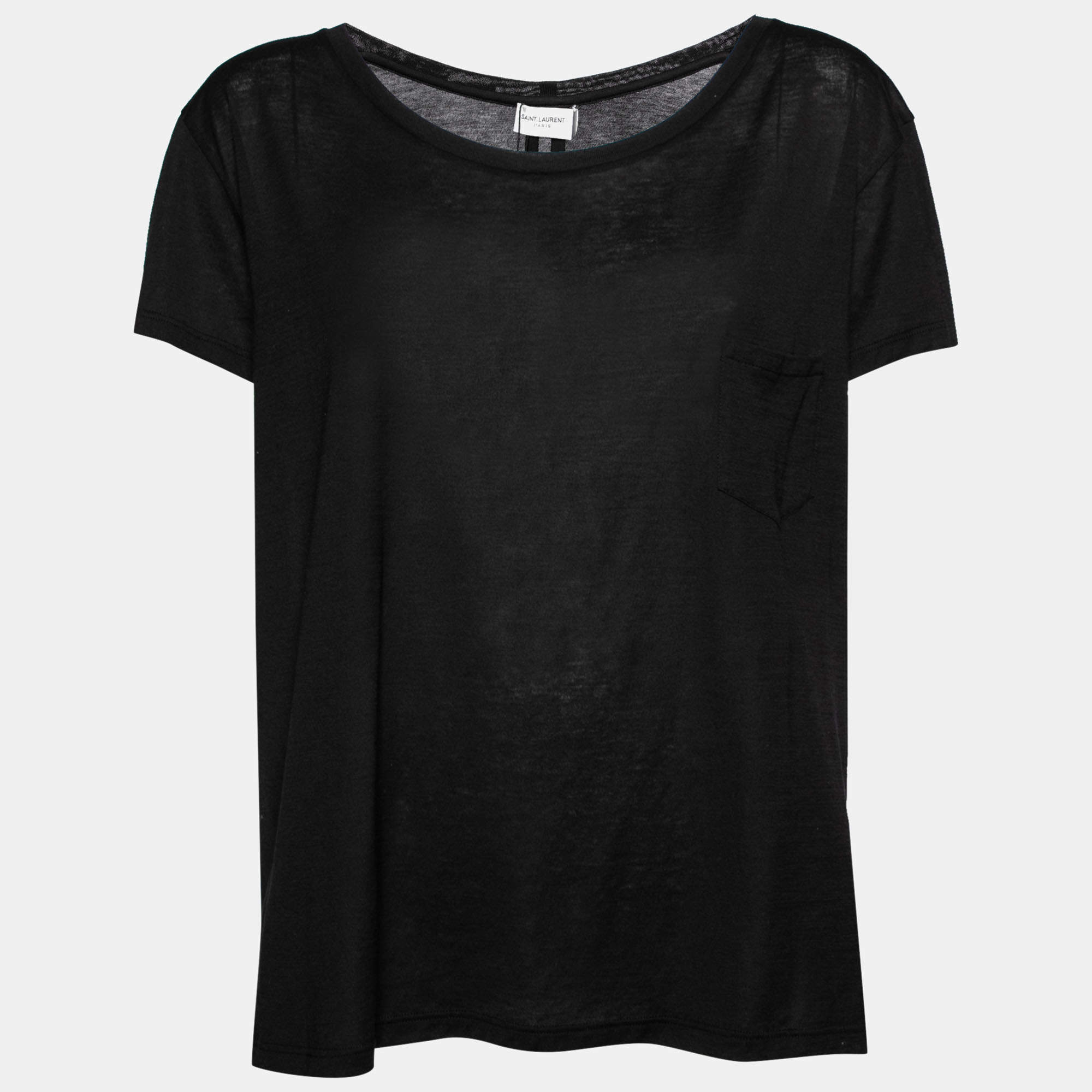 Saint Laurent Black Cotton Front Pocket Crew Neck Short Sleeve Top M