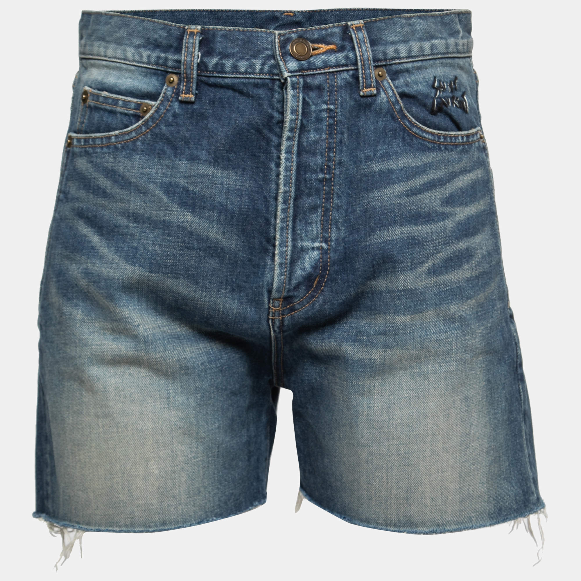 Pre Owned Saint Laurent Blue Denim Logo Embroidered Shorts M
