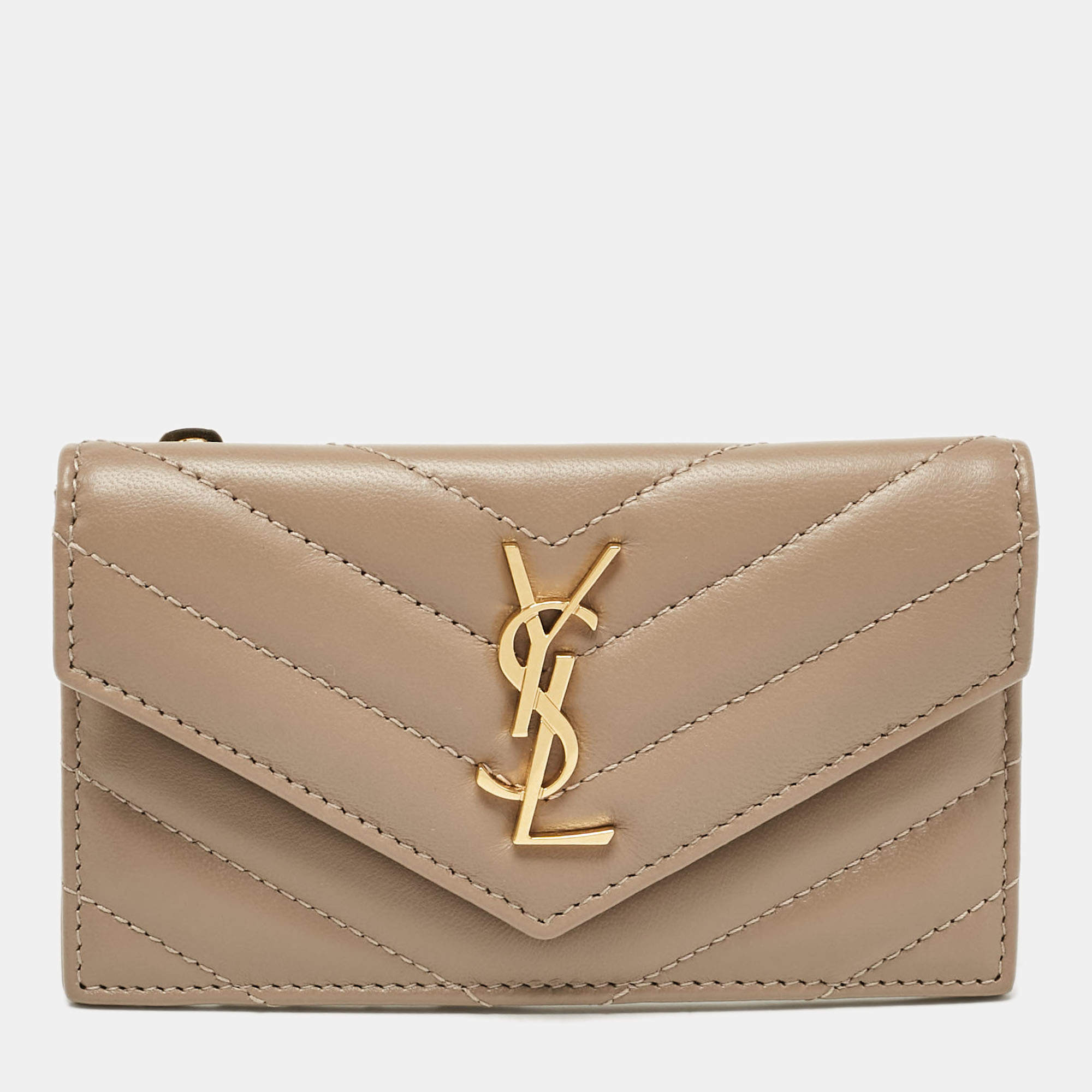 Saint Laurent Beige Matelassé Leather Cassandre Zip Card Case