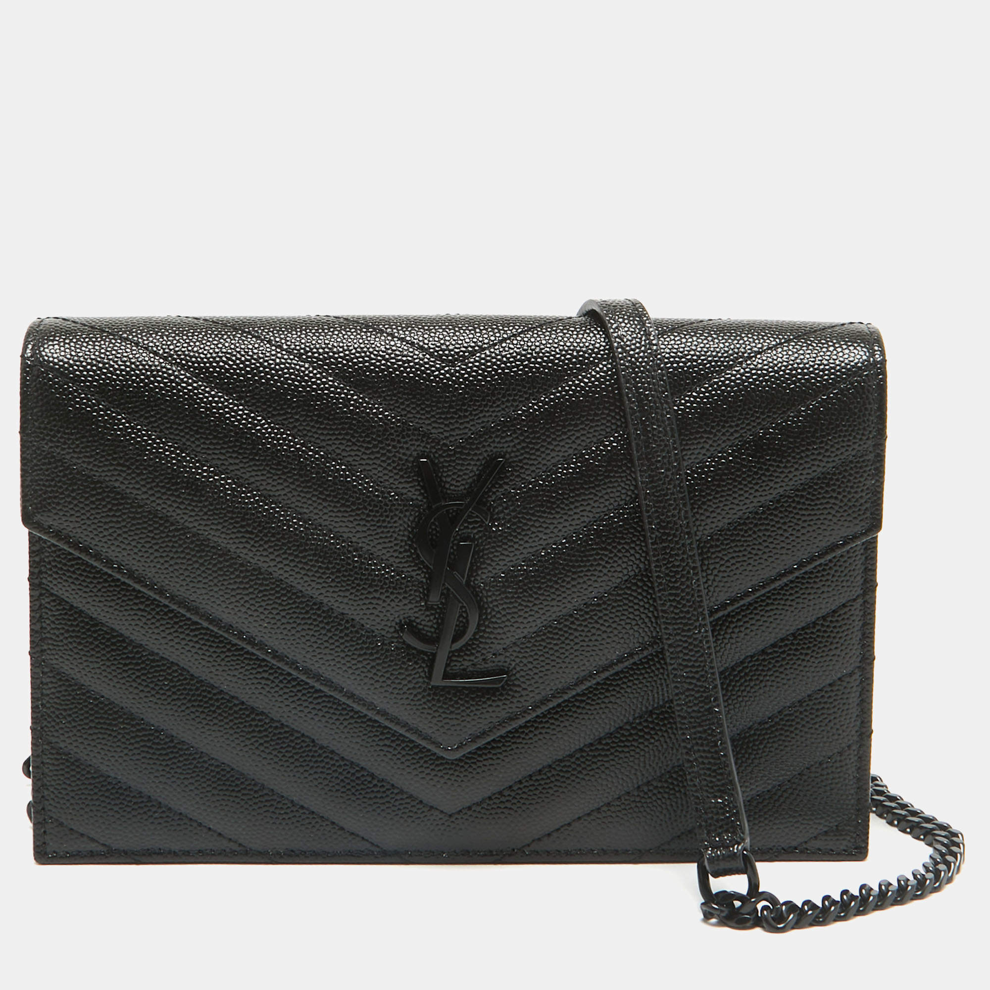 Pre Owned Saint Laurent Black Matelassé Leather Cassandre Wallet on Chain