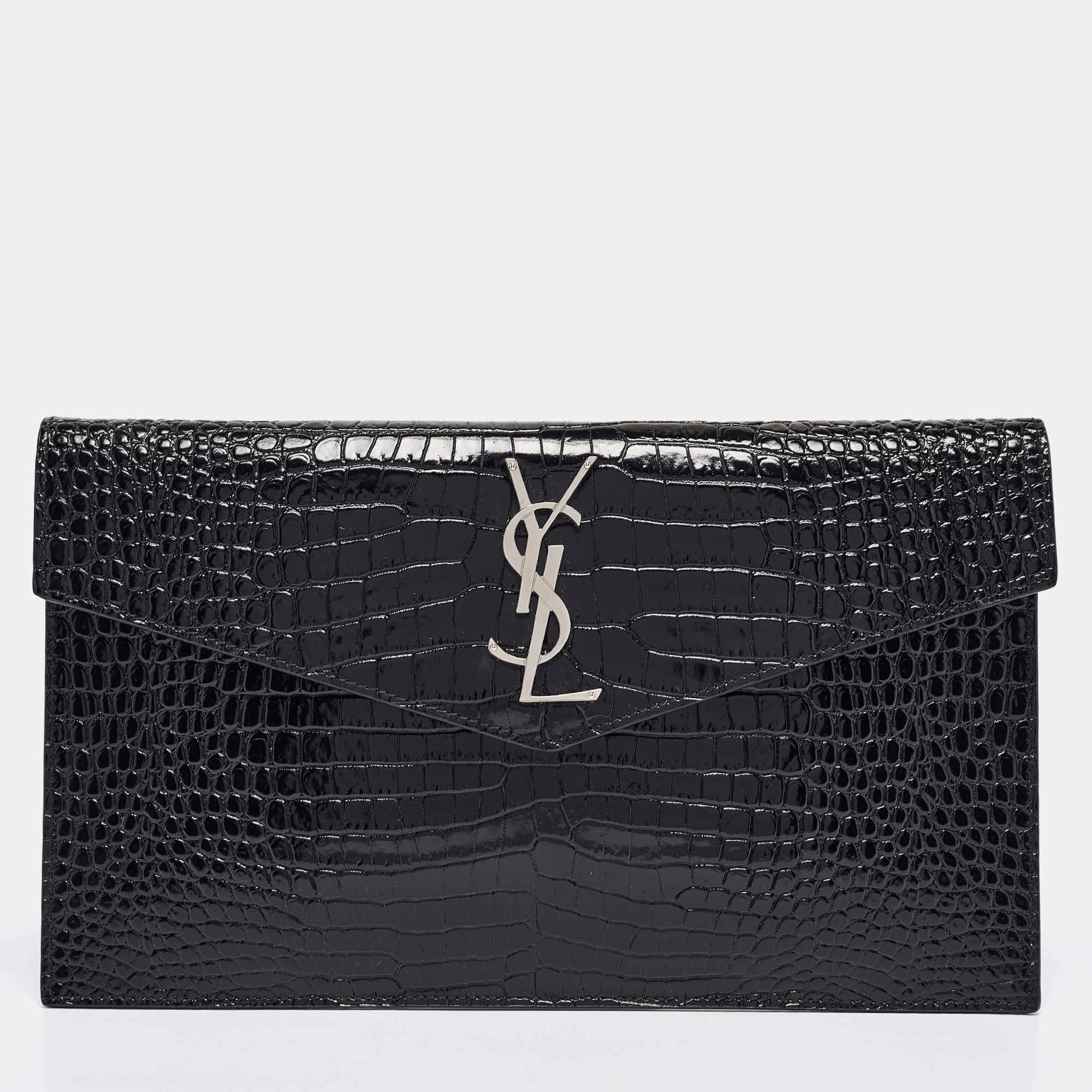 Pre Owned Saint Laurent Black Croc Embossed Leather Uptown Clutch
