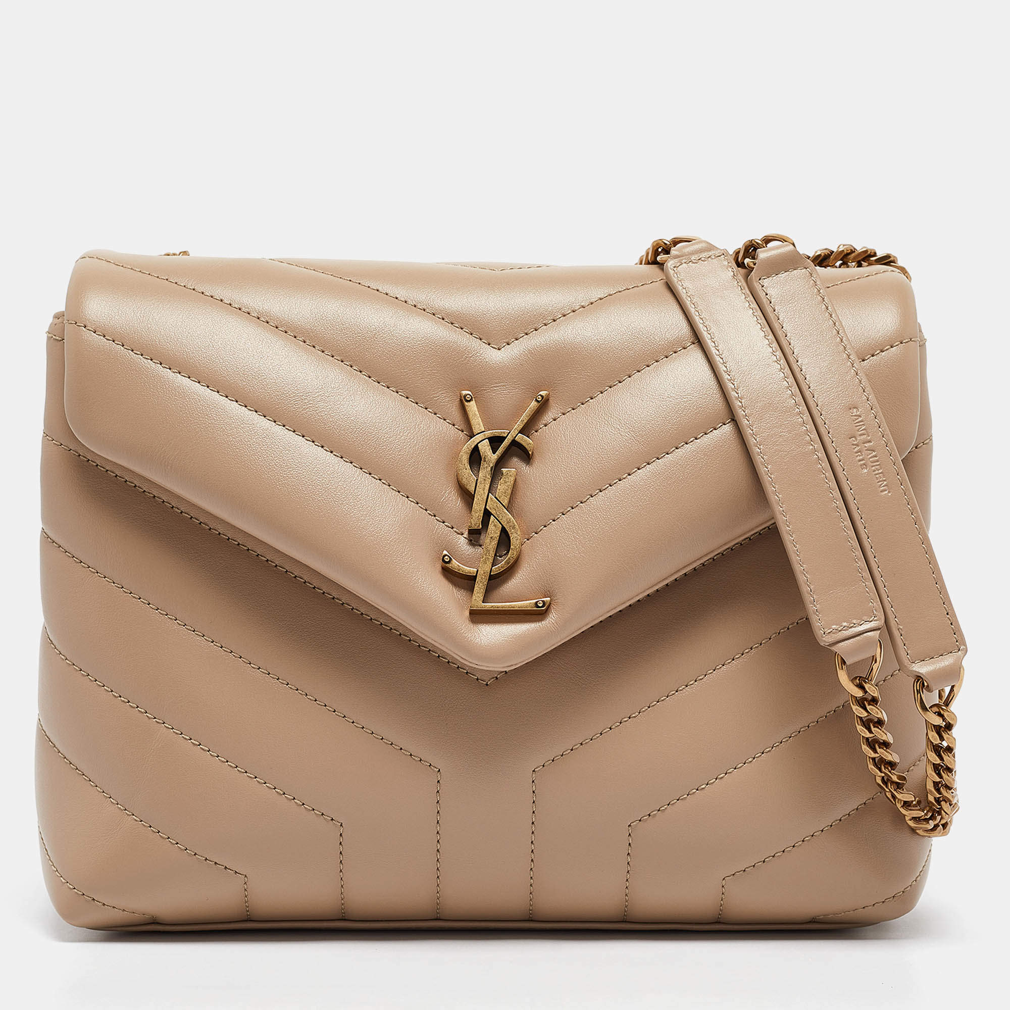 Pre Owned Saint Laurent Beige Matelassé Leather Small Loulou Shoulder Bag